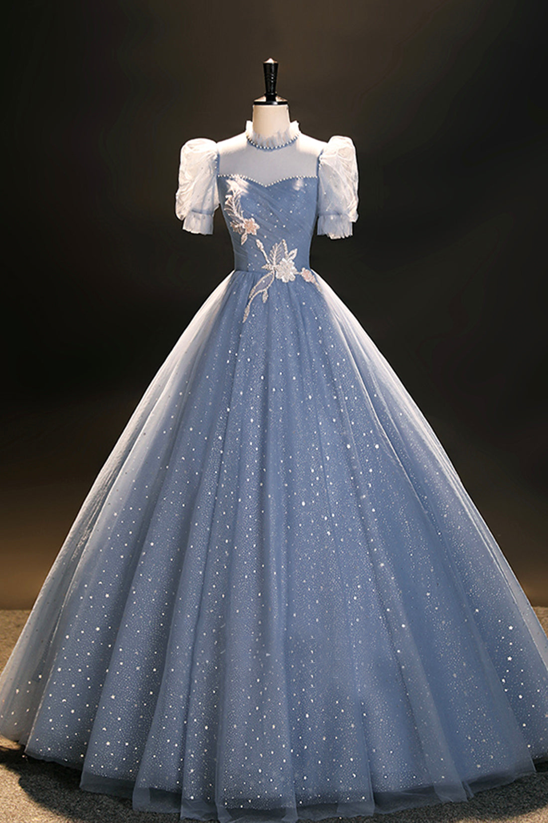 Blue Tulle Floor Length Prom Dress, A-Line Short Sleeve Evening Dress Blue Tulle Floor Length Prom Dress, A-Line Short Sleeve Evening Dress