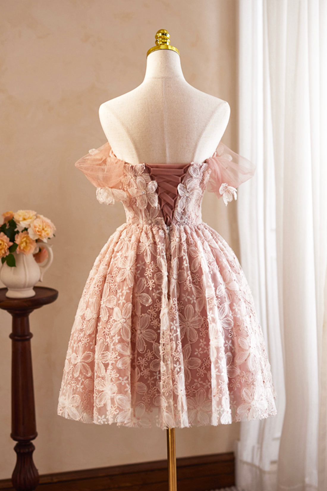 Beautiful Tulle Flower Knee Length Prom Dress, Off the Shoulder Short Sleeve Evening Party Dress