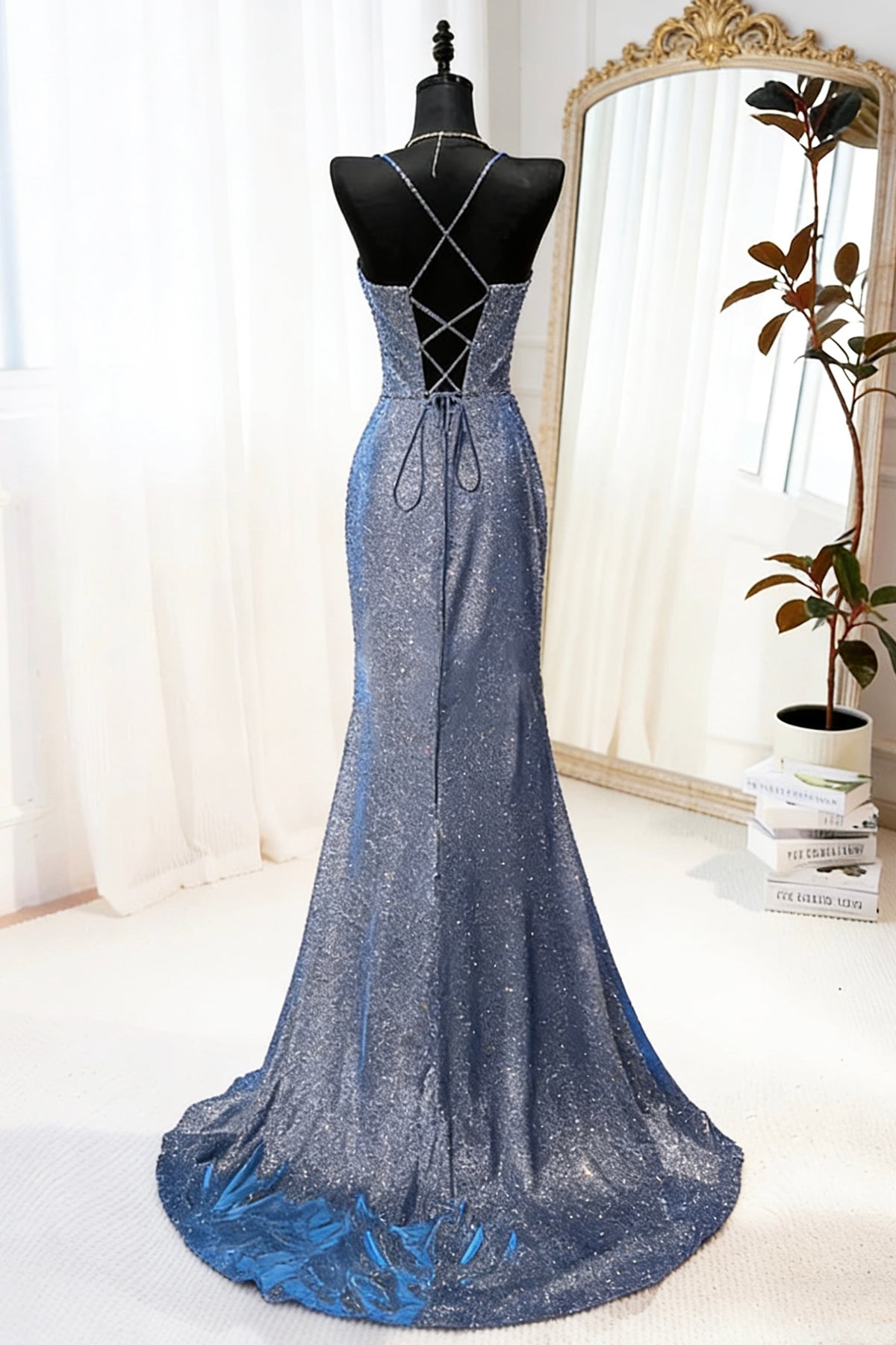 Navy Blue Glitter Mermaid Gown with Crisscross Back, Sparkly Formal Evening Dress