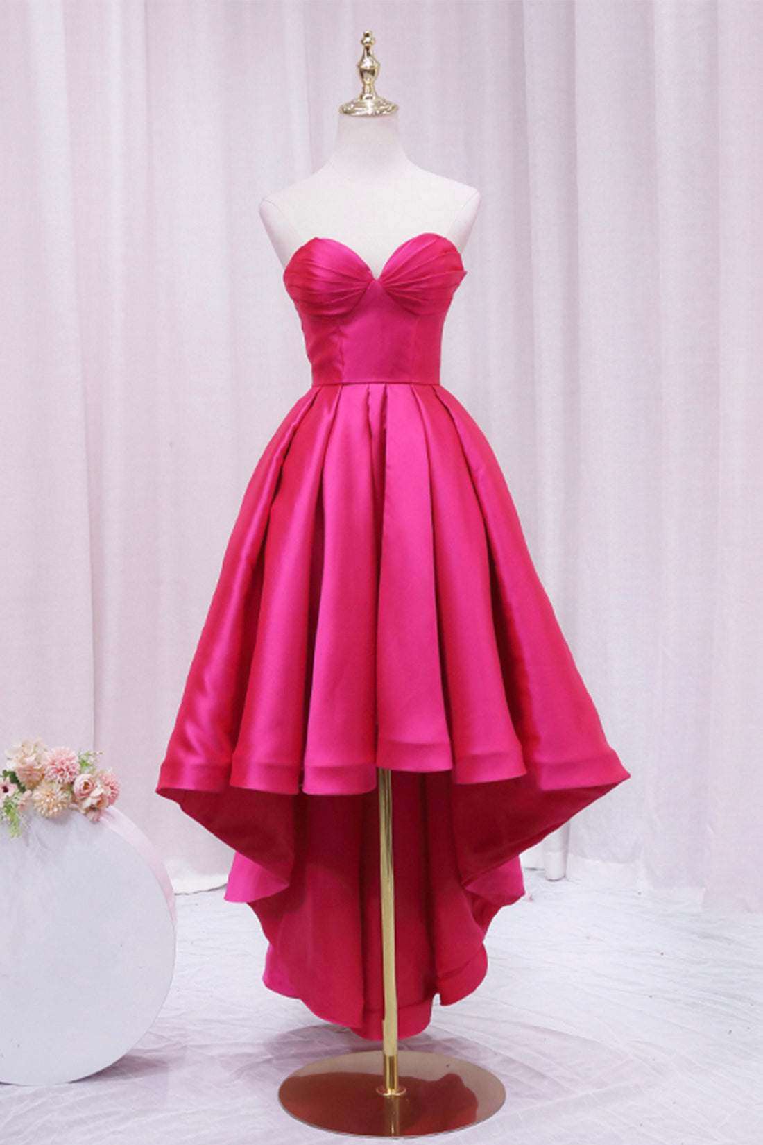 Hot Pink Satin High Low Prom Dress, Cute Sweetheart Neck Evening Party Hot Pink Satin High Low Prom Dress, Cute Sweetheart Neck Evening Party
