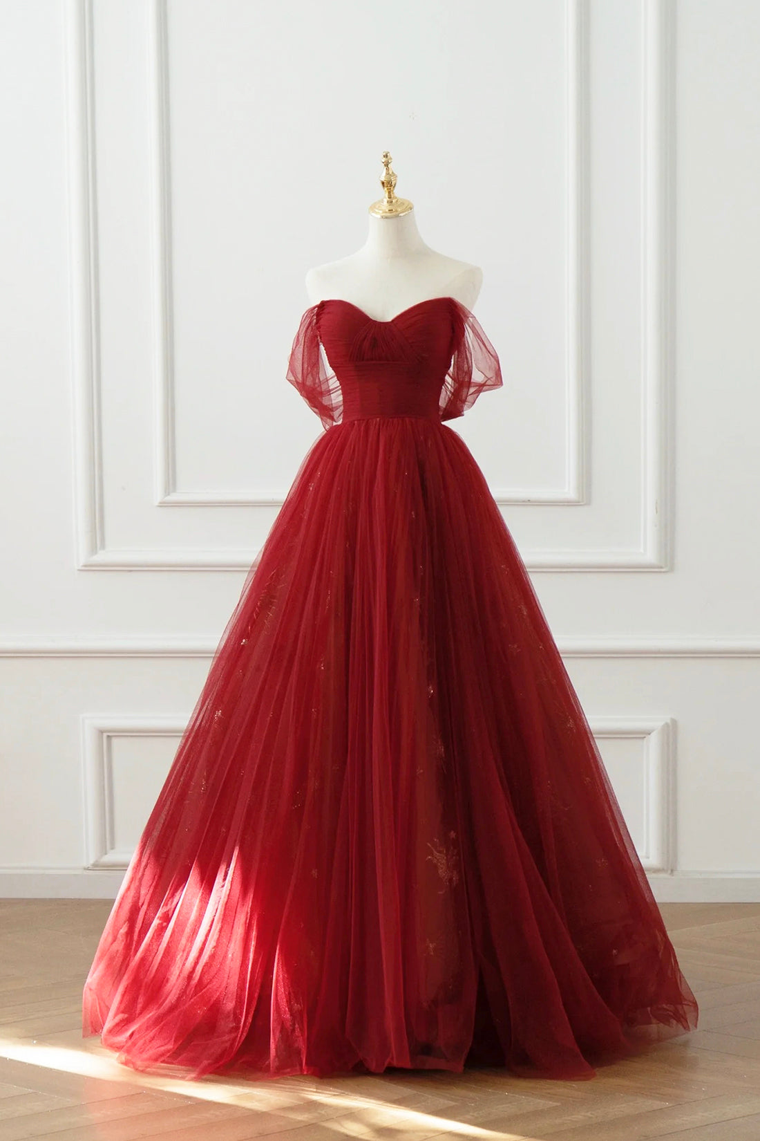 Burgundy Tulle Floor Length A-Line Formal Dress, Off the Shoulder Evening Party Dress