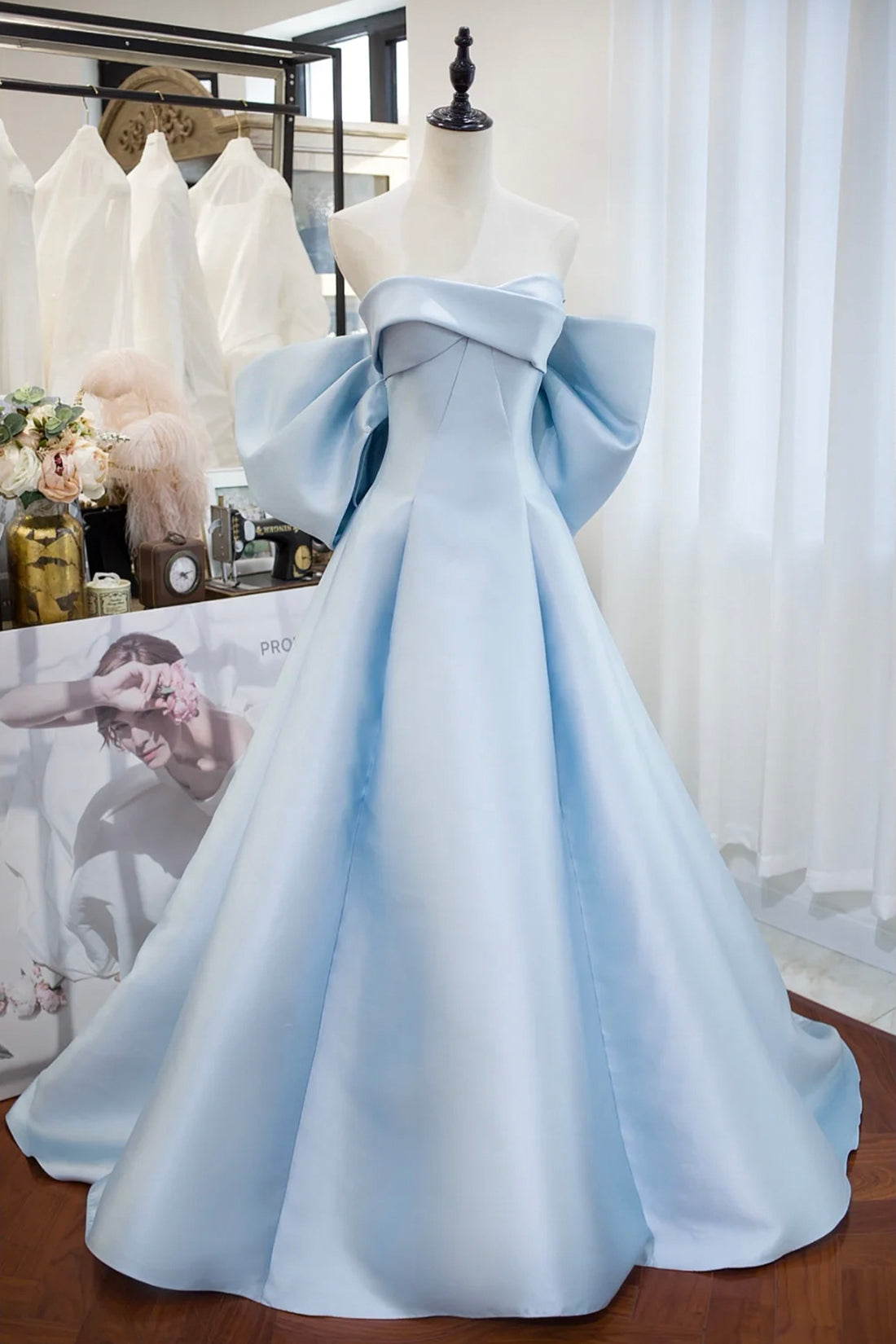 Blue Satin Spaghetti Strap Long Prom Dress with Big Bow, Blue A-Line Evening Party Dress