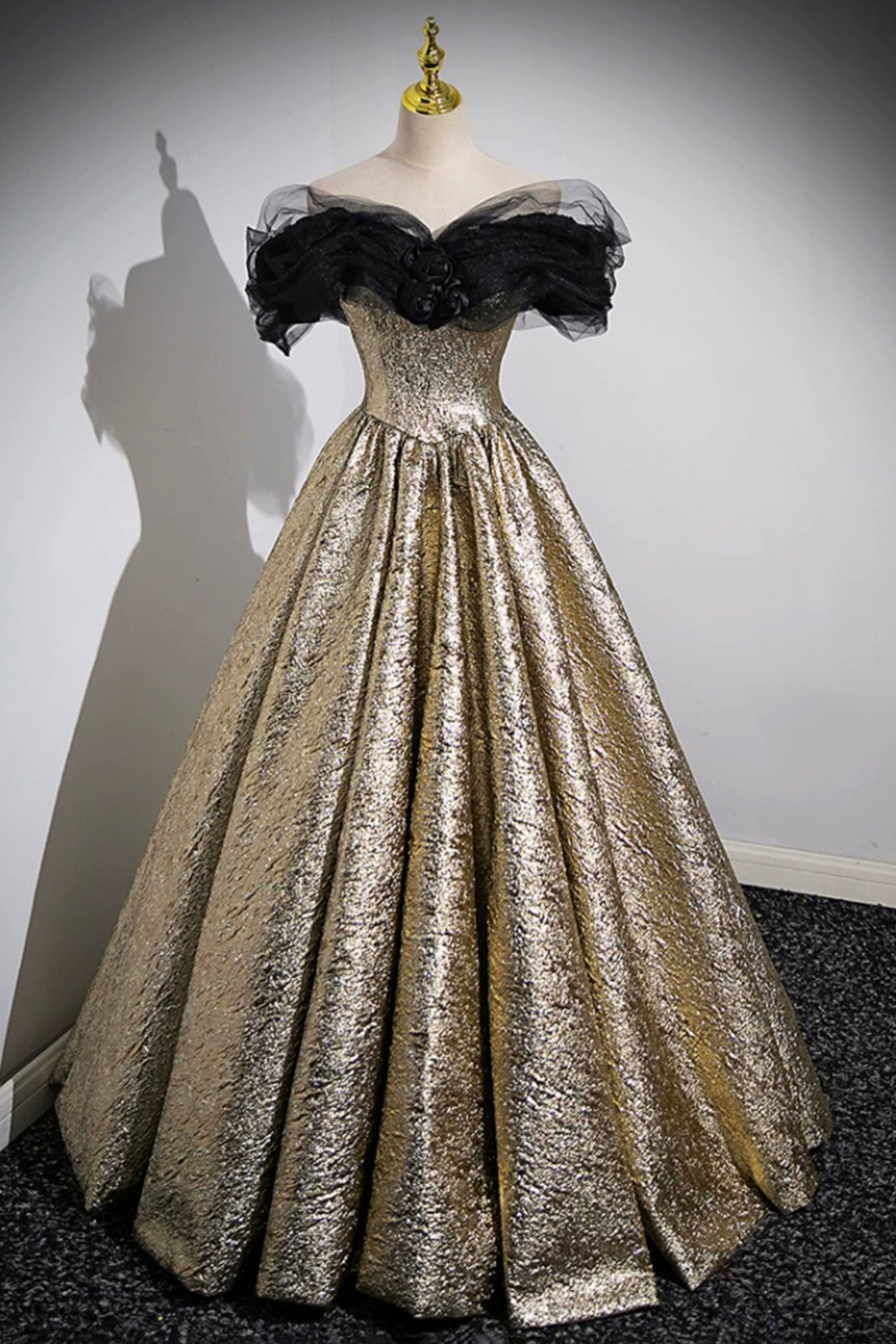 Sparkly Black and Gold Glitter Prom Dresses Ball Gown, Off the Shoulder Evening Party Dress