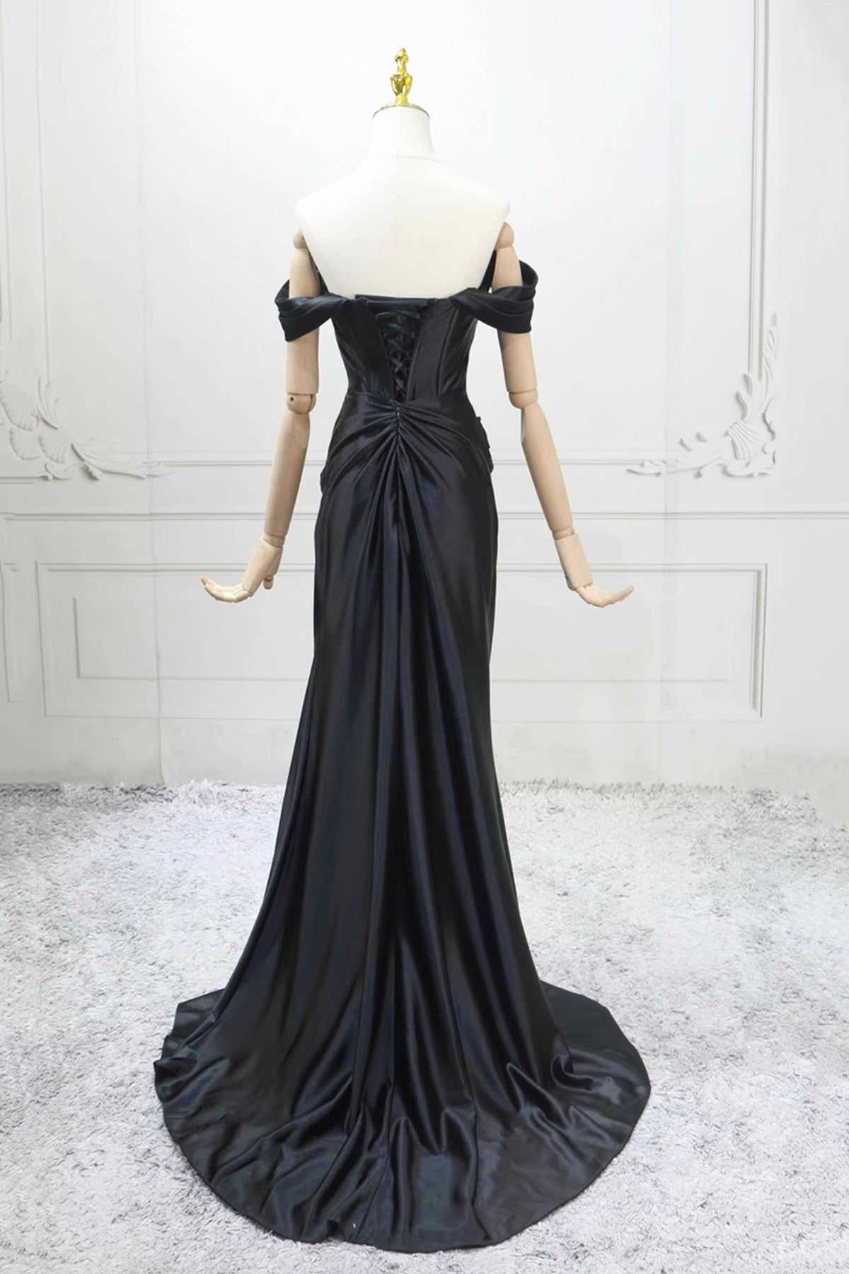 Black Satin Long Prom Dress, Mermaid Off the Shoulder Evening Party Dress
