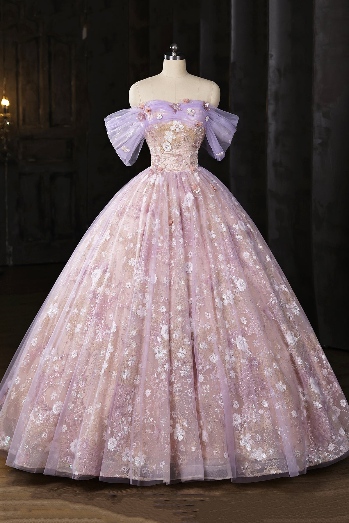 Floral Embroidery Tulle Ball Gown - Lavender Evening Party Dress