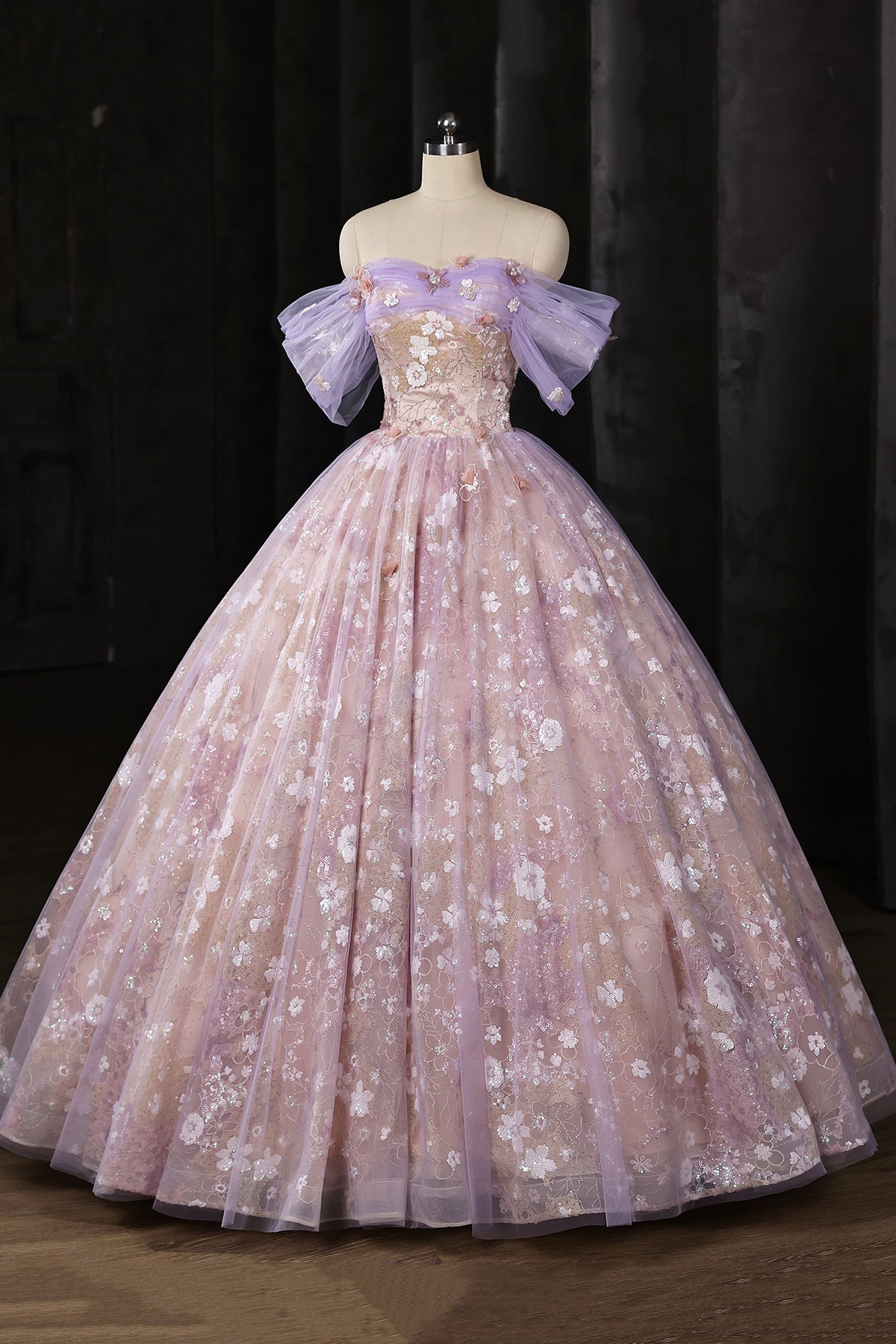 Floral Embroidery Tulle Ball Gown - Lavender Evening Party Dress