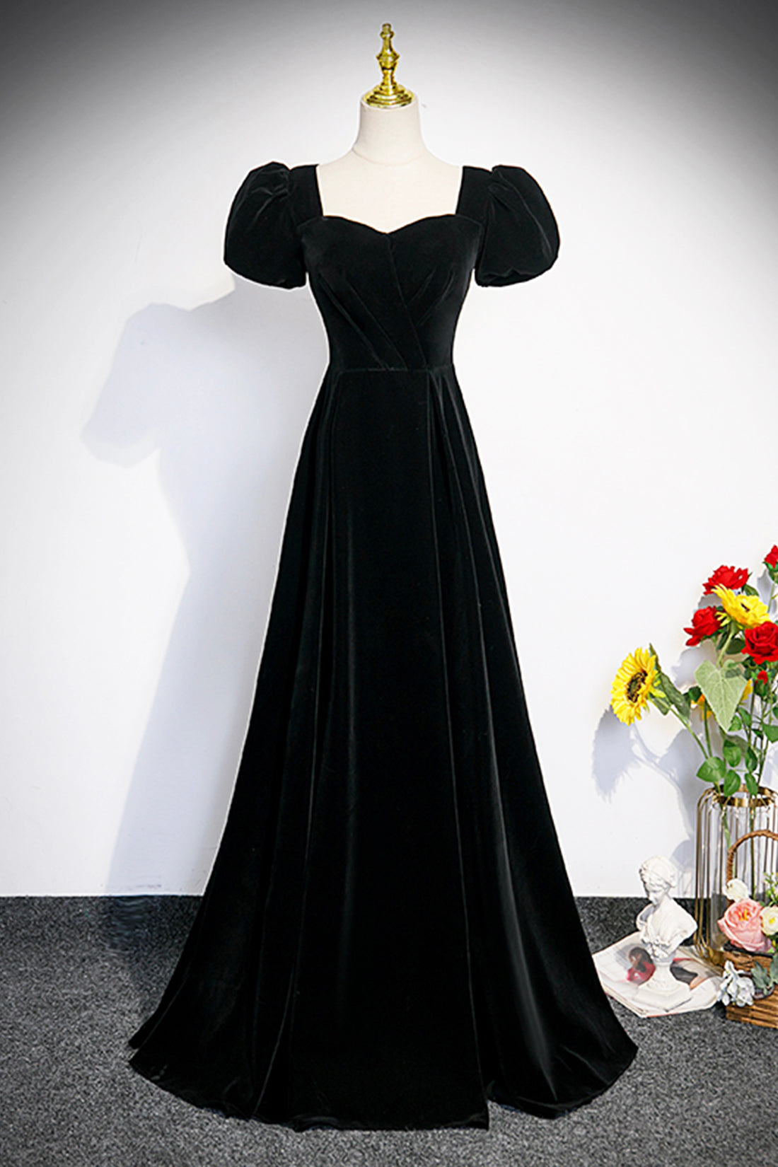 Black Velvet Short Sleeve Floor Length Prom Dress, Simple A-Line Eveni Black Velvet Short Sleeve Floor Length Prom Dress, Simple A-Line Eveni