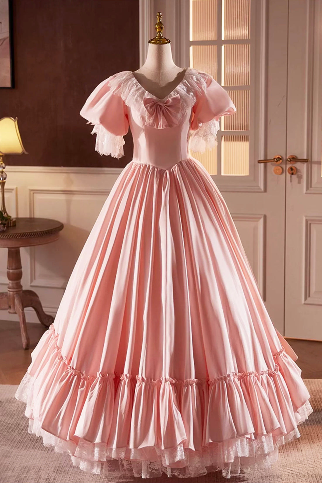 Pink Satin Lace Long Prom Dress, Pink Short Sleeve Evening Party Dress Pink Satin Lace Long Prom Dress, Pink Short Sleeve Evening Party Dress