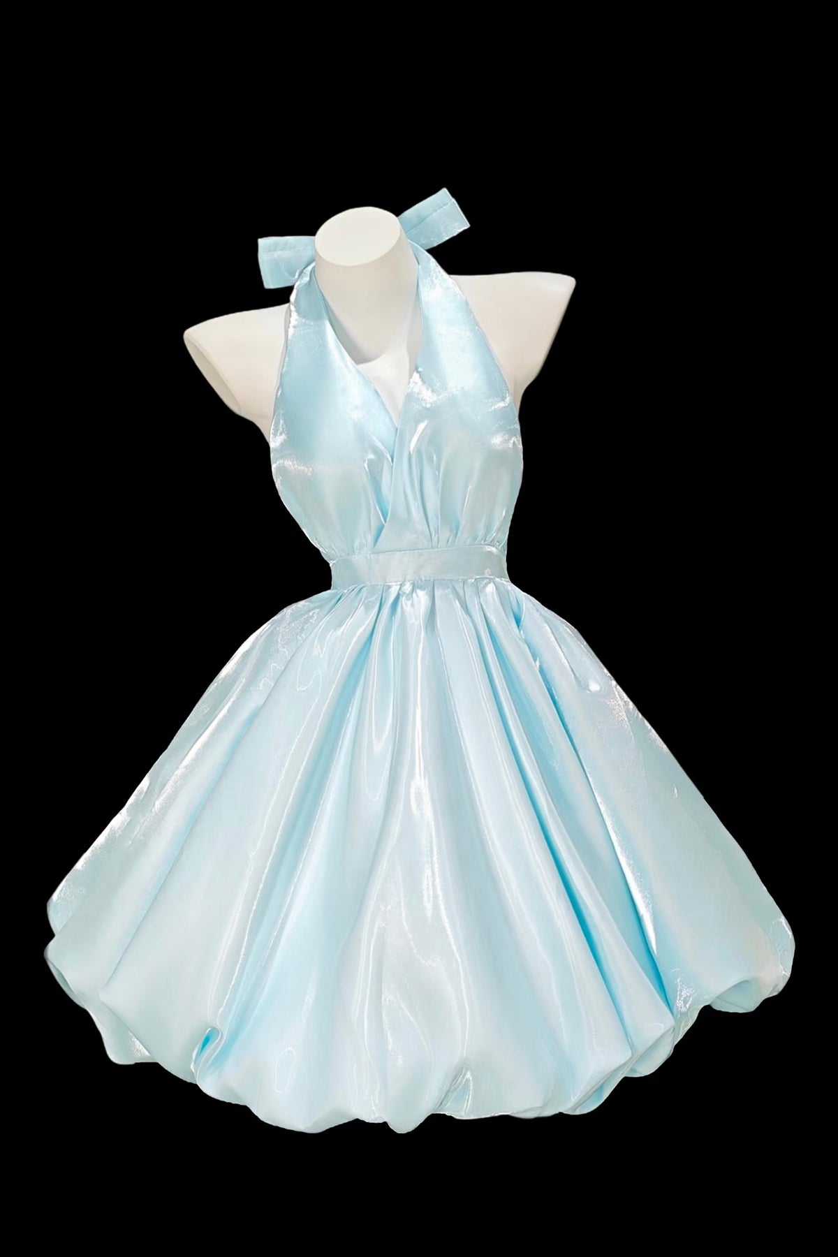 satin v neck homecoming dress Light Blue Halter A-Line Party Dress, Lovely Blue V-Neck Homecoming Dr