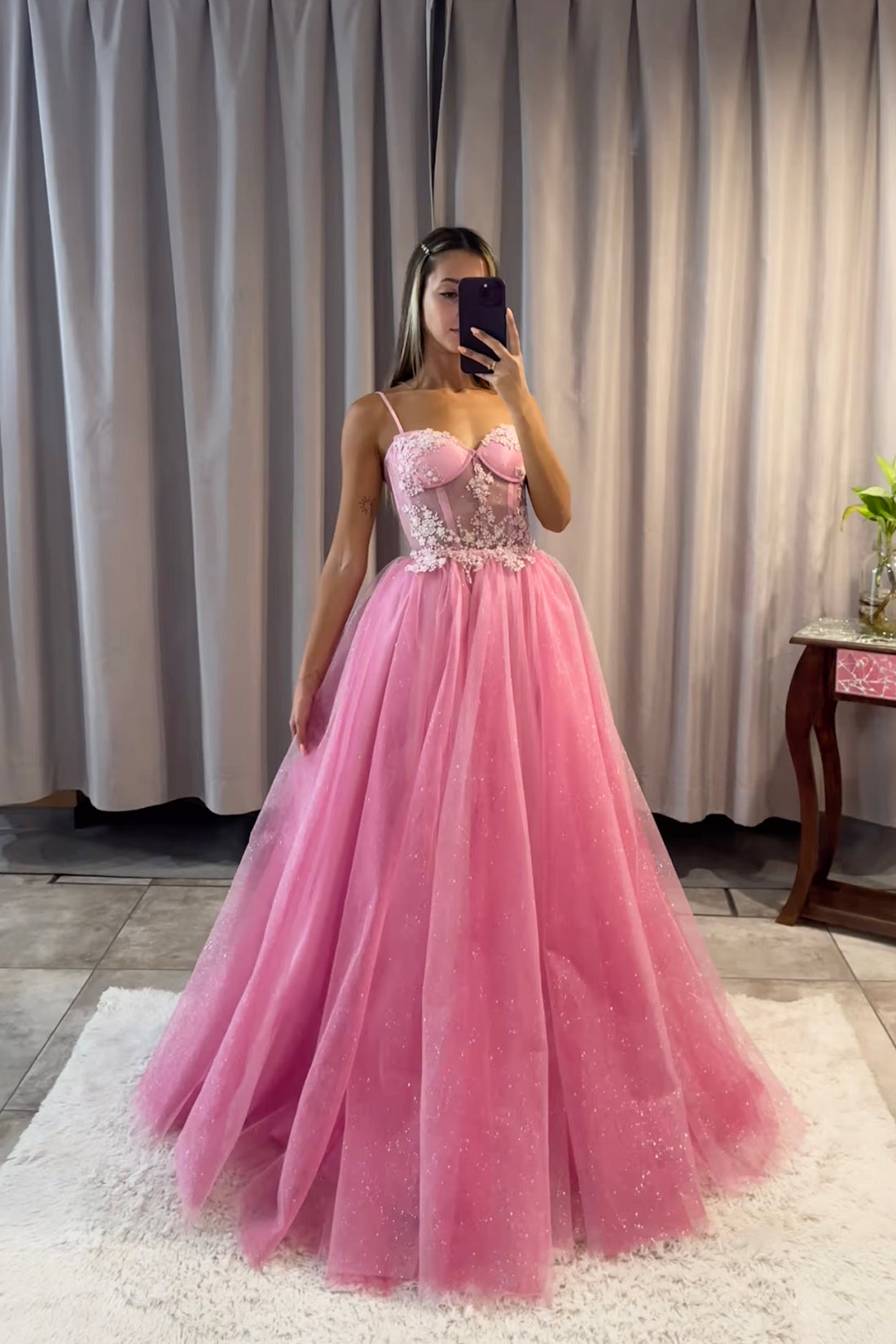Pink Spaghetti Strap Tulle Lace Long Prom Dress, Beautiful A-Line Evening Party Dress