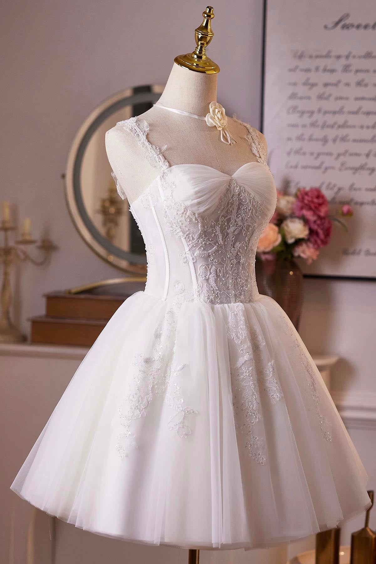 Charming Short White Party Dress, A-Line Tulle Lace Prom Homecoming Dress