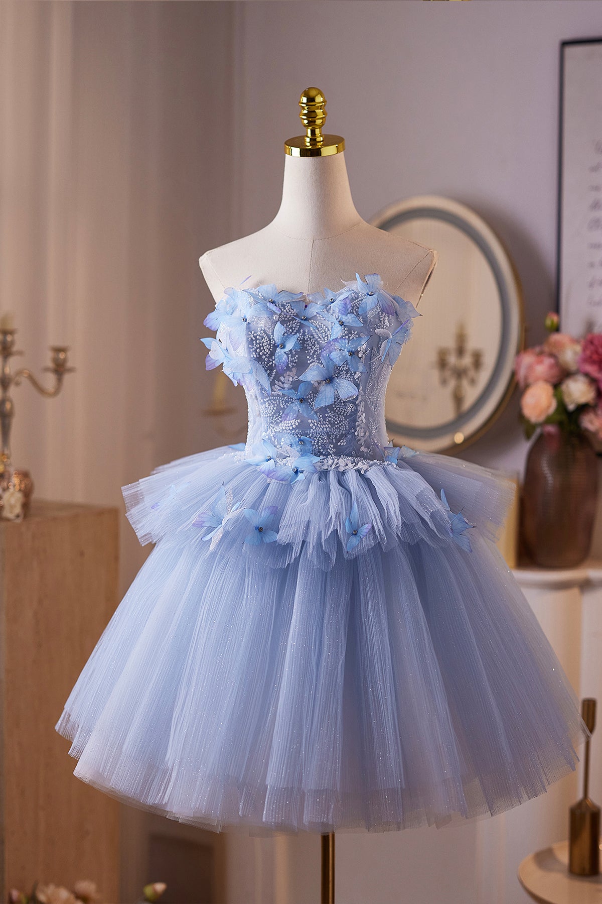 Enchanting Light Blue Tulle Mini Party Gown, A-Line Sweetheart Neck Ho