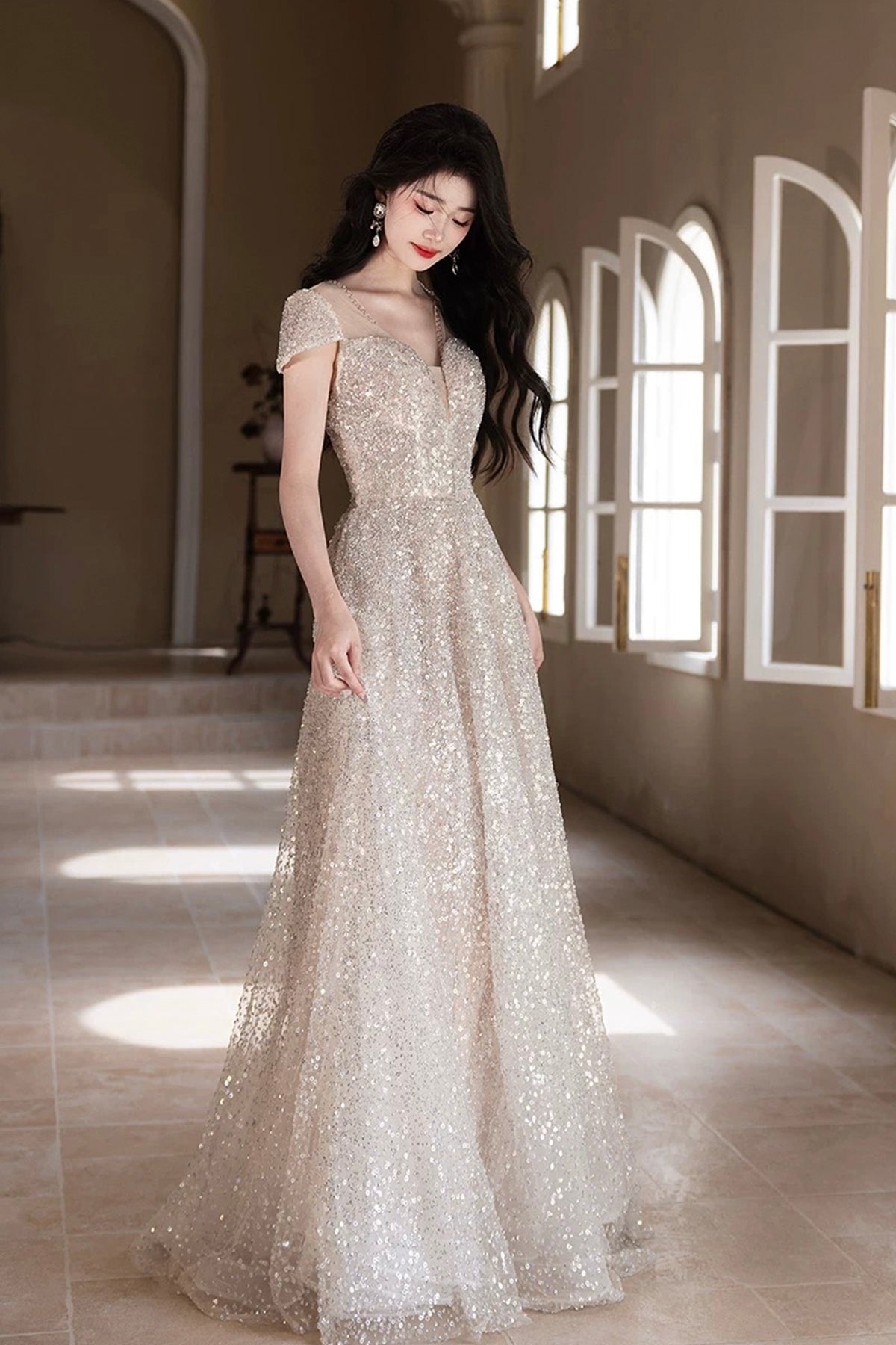 Champagne Sequin Evening Gown Short Sleeve V-Neck A-Line Formal Dress