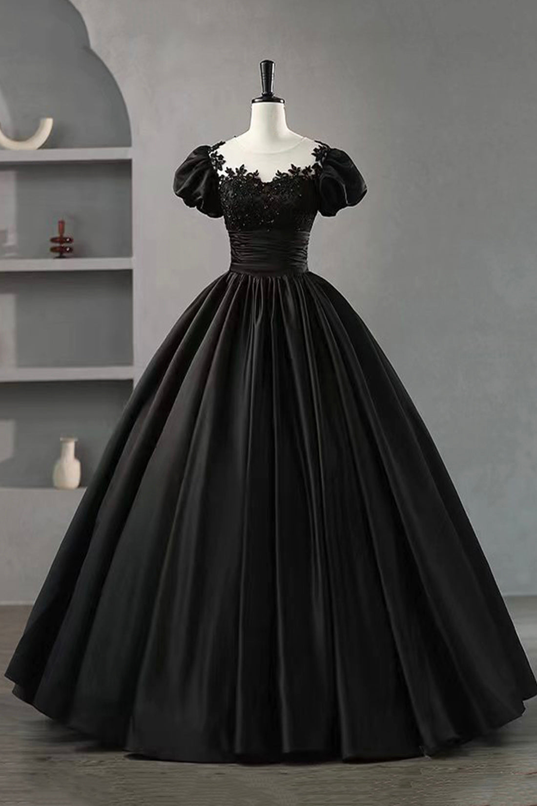 Black Satin Lace Long Prom Dress, A-Line Scoop Neckline Short Sleeve Evening Dress