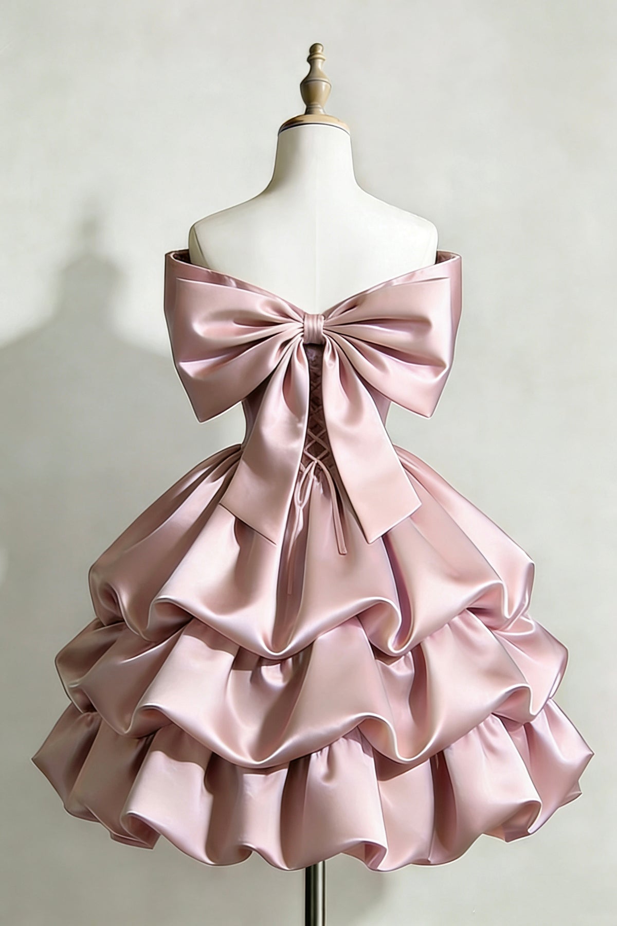 Off Shoulder Blush Satin Dress with Tiered Ruffled Skirt and Bow Detail