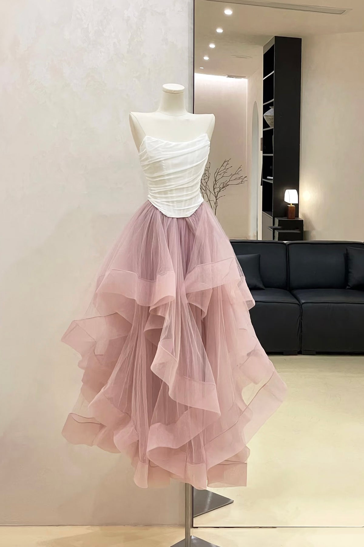 Romantic Blush Tulle Midi Dress with White Ruched Strapless Bodice