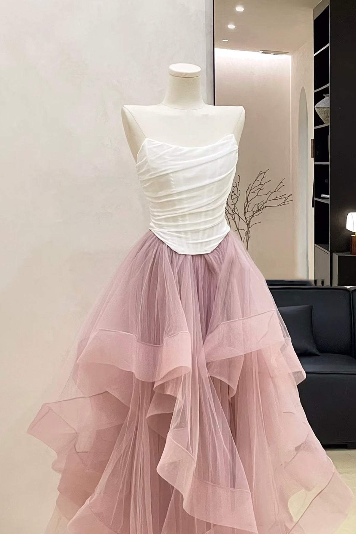 Romantic Blush Tulle Midi Dress with White Ruched Strapless Bodice
