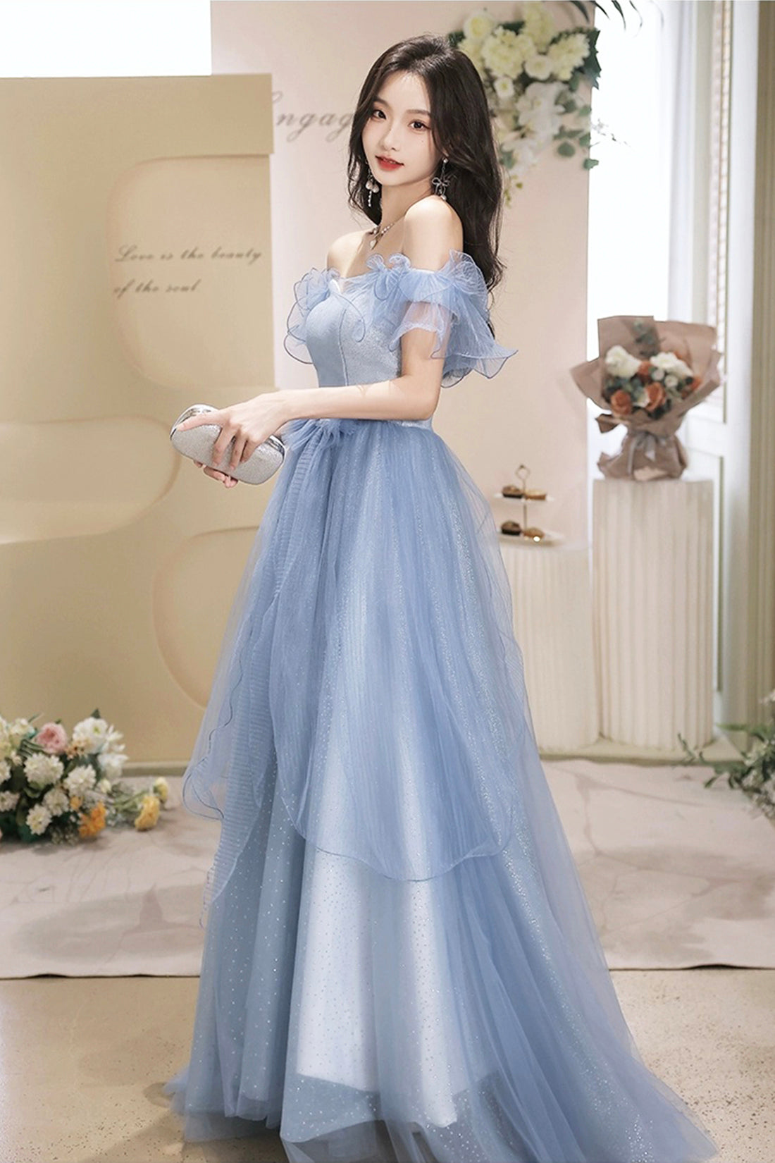 French Stylish Off Shoulder Blue Tulle Prom Dress with Bow