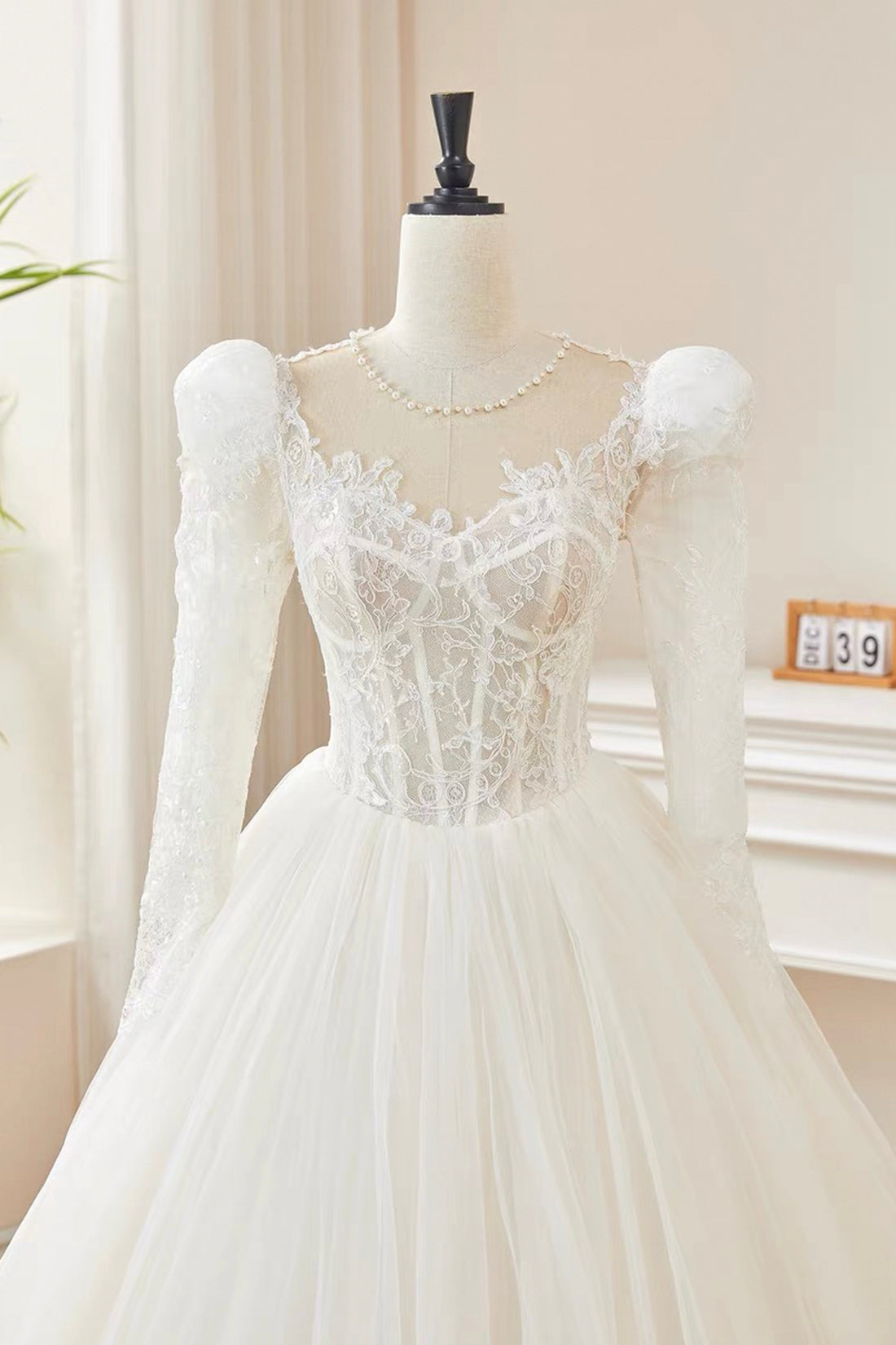 Elegant White Long Sleeve Lace Wedding Dress with Puff Sleeves