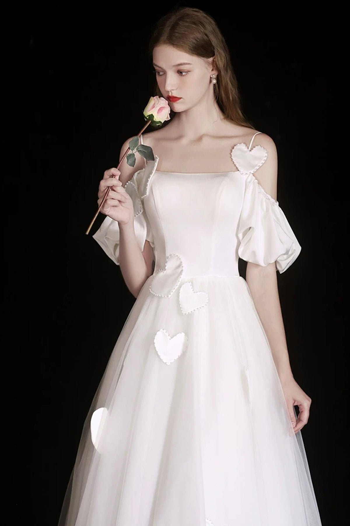 White Spaghetti Strap Tulle Tea Length Prom Dress, A-Line Evening Party Dress