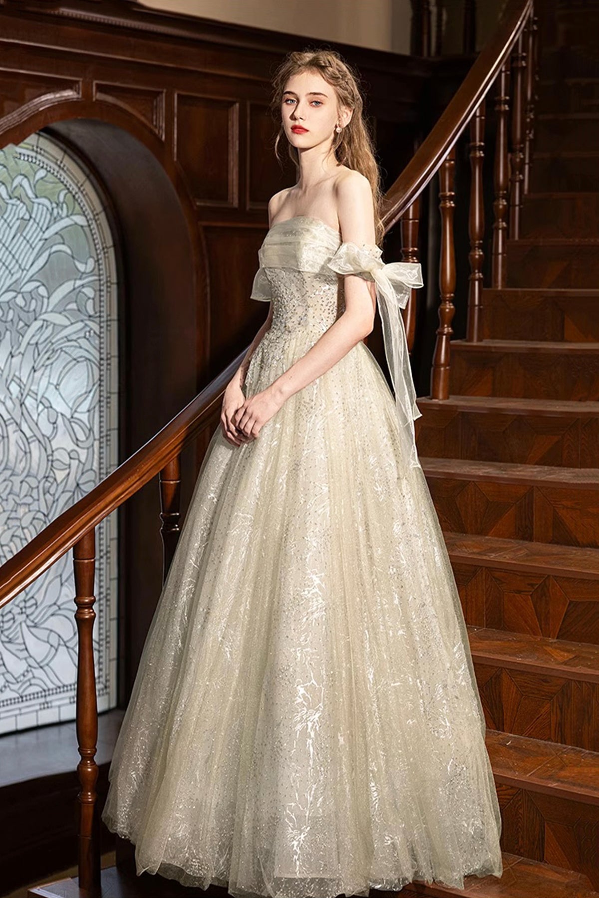 Champagne Strapless Sequins Long Prom Dress, A-Line Off the Shoulder Party Dress