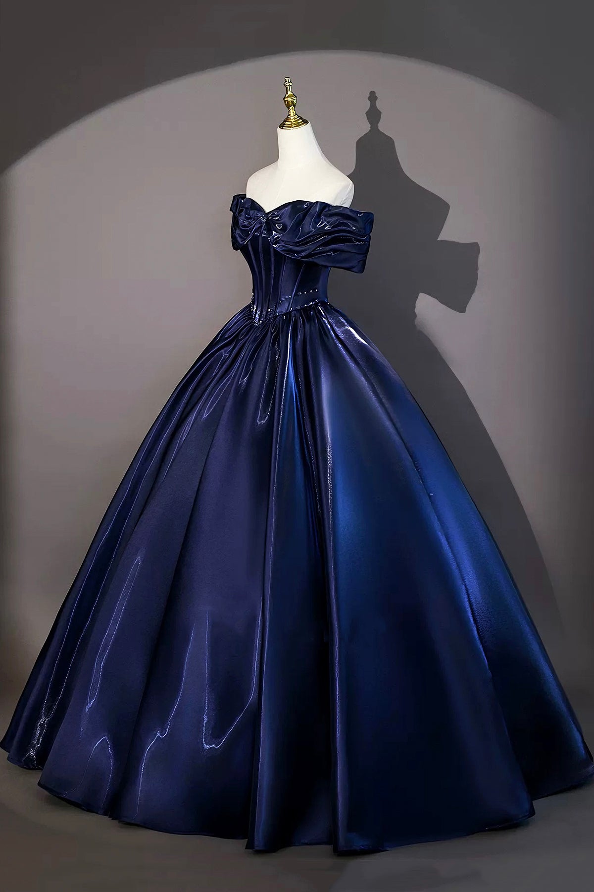 Navy Satin Floor Length Evening Gown, Beautiful A-Line Off the Shoulder Formal Gown