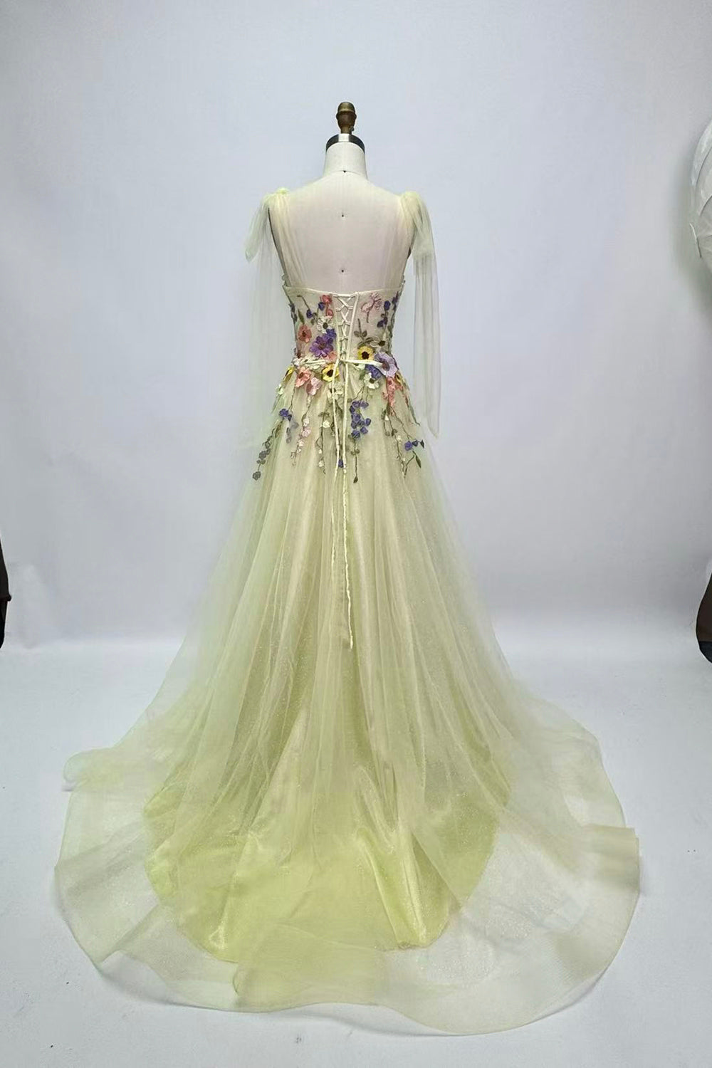 Pale Yellow Tulle Gown with 3D Floral Embroidery – Romantic Fairycore Wedding Dress with Draped Sleeves, Custom Fit