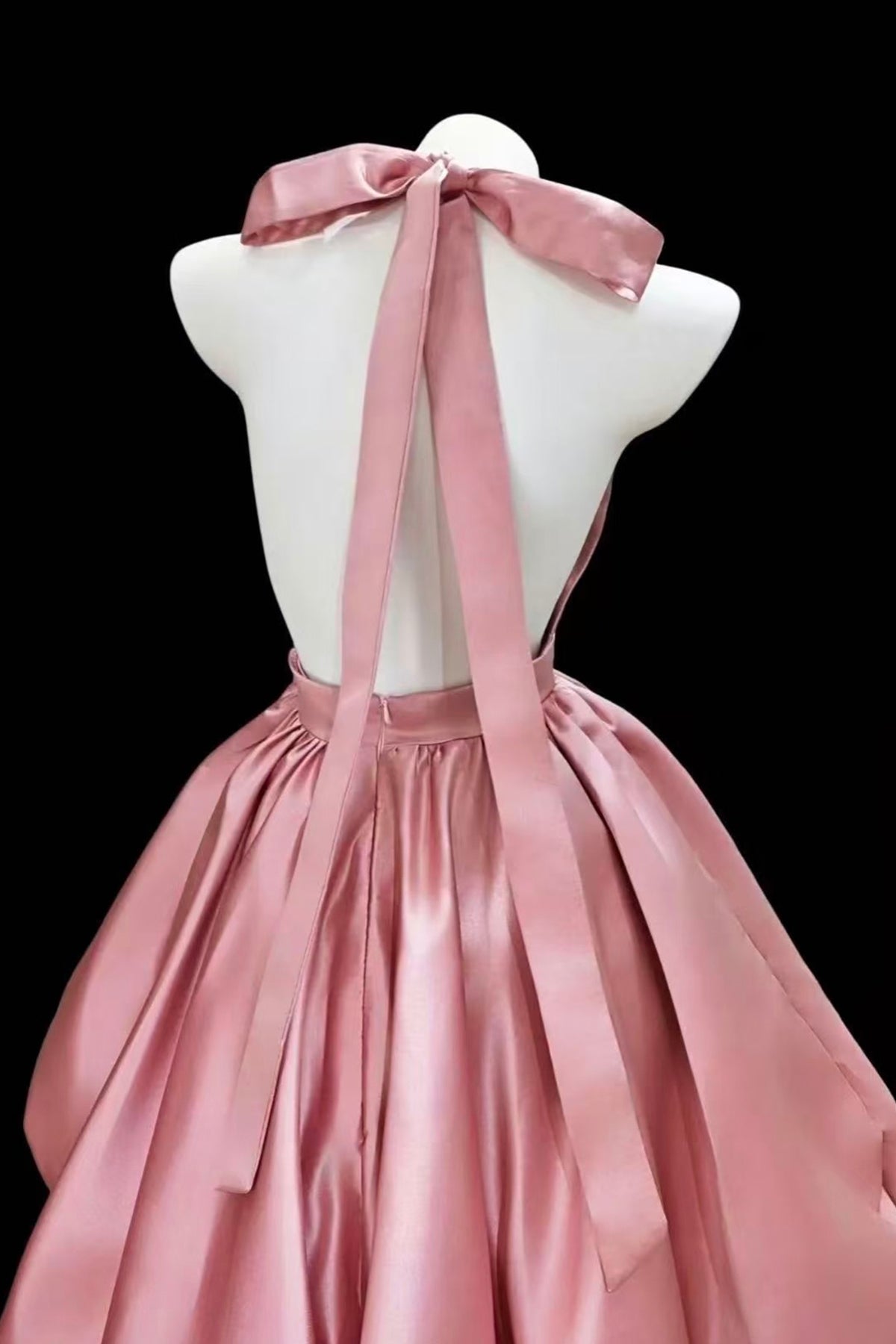 Pink Satin Halter Backless Mini Dress - Elegant Party dress with Puffy Skirt