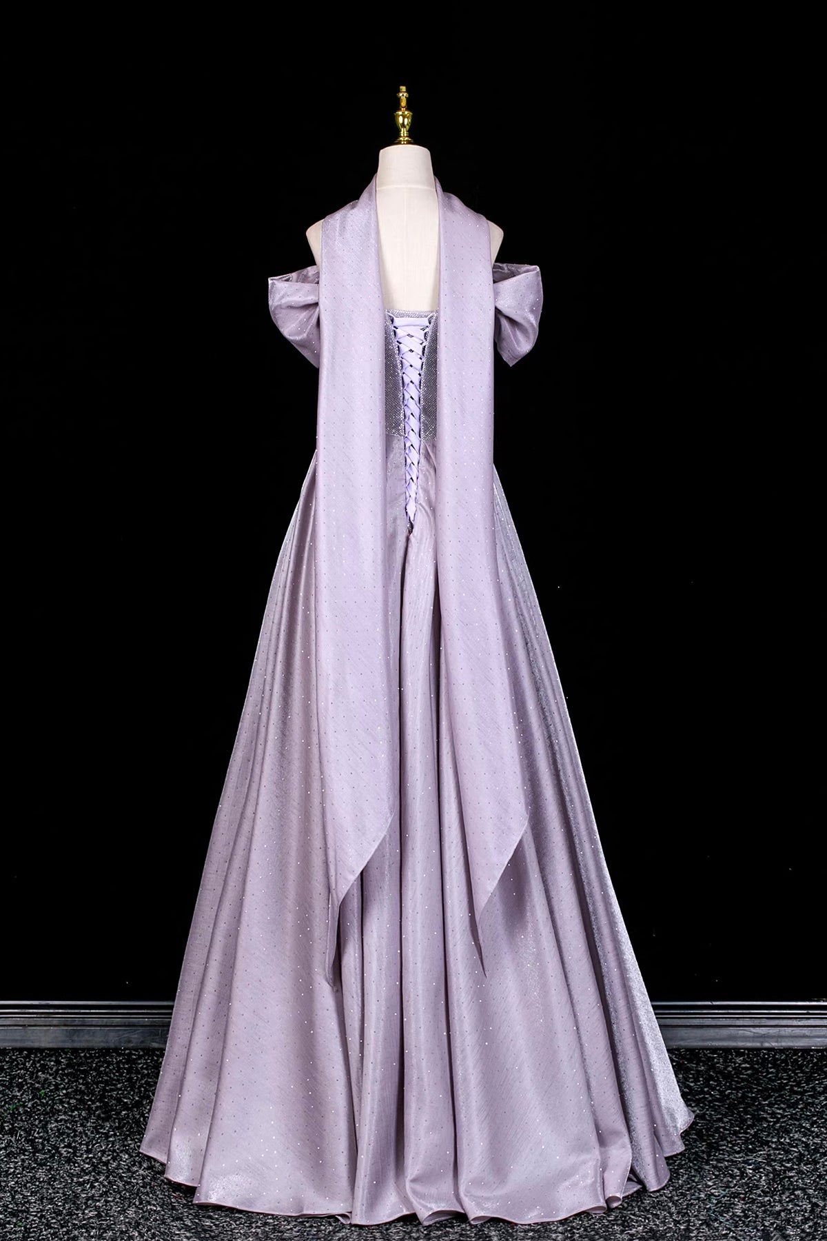 Lilac Off-the-Shoulder Prom Dress, Sparkly Satin A-Line Evening Gown with Puff Sleeves