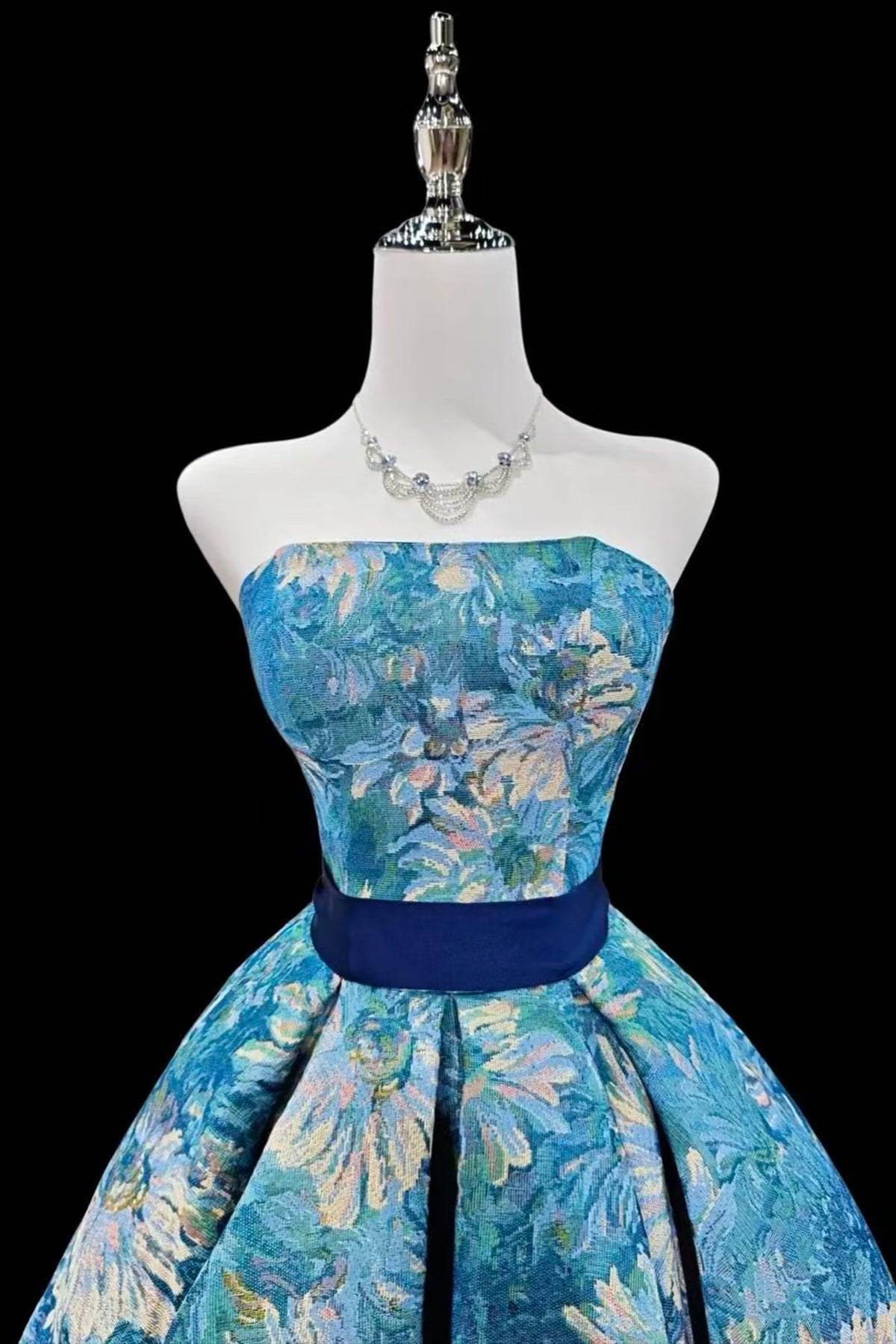Blue Floral Strapless Mini Party Dress, A-Line Backless Evening Dress