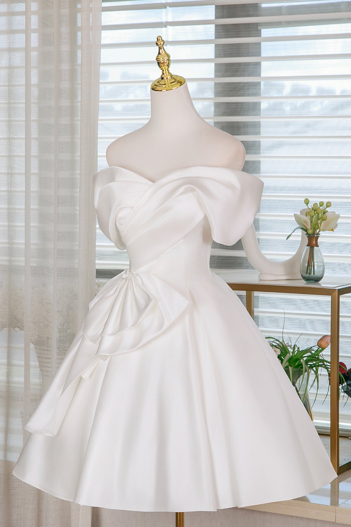 White Satin Short Prom Dress, Lovely A-Line Off the Shoulder Party Dress