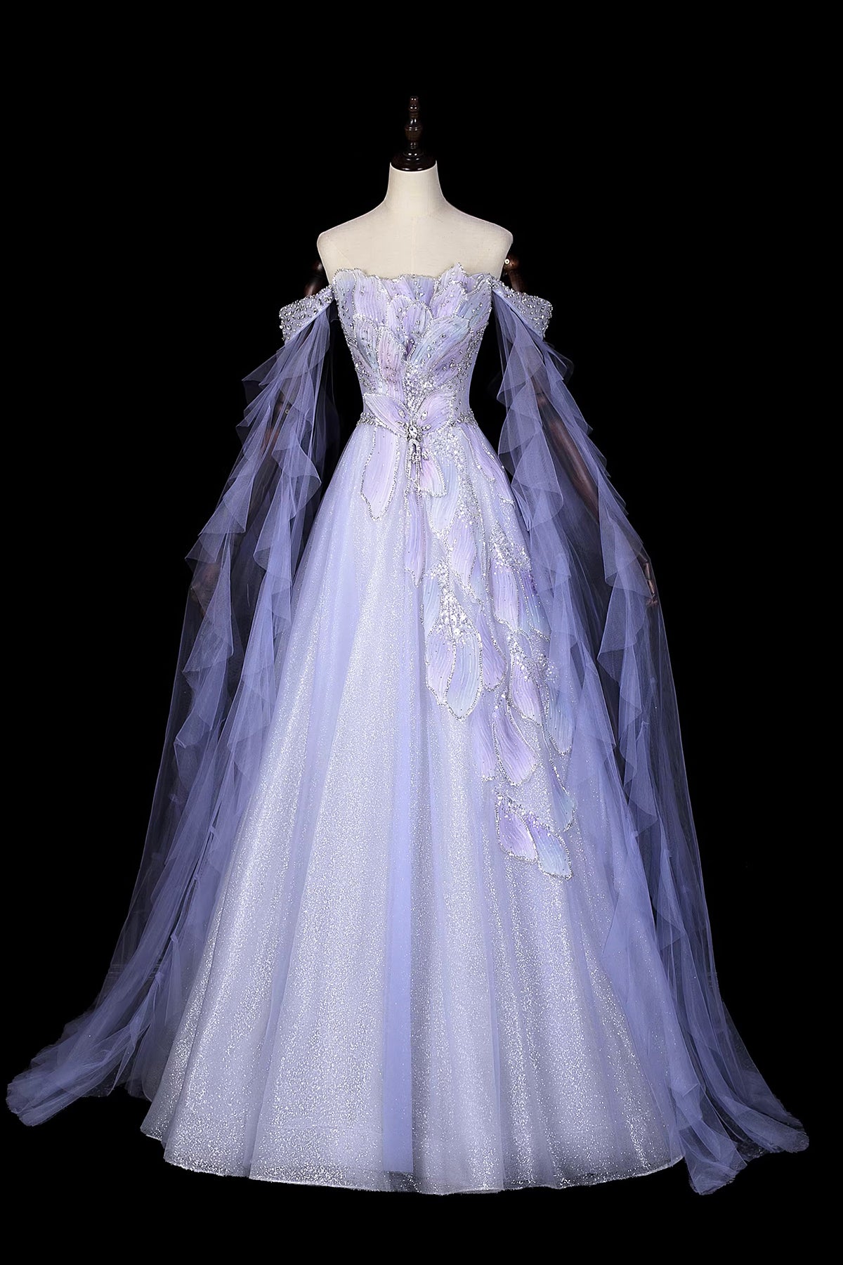 Lavender Off-the-Shoulder Prom Dress, Floral Tulle Evening Gown with Sheer Cape Sleeves