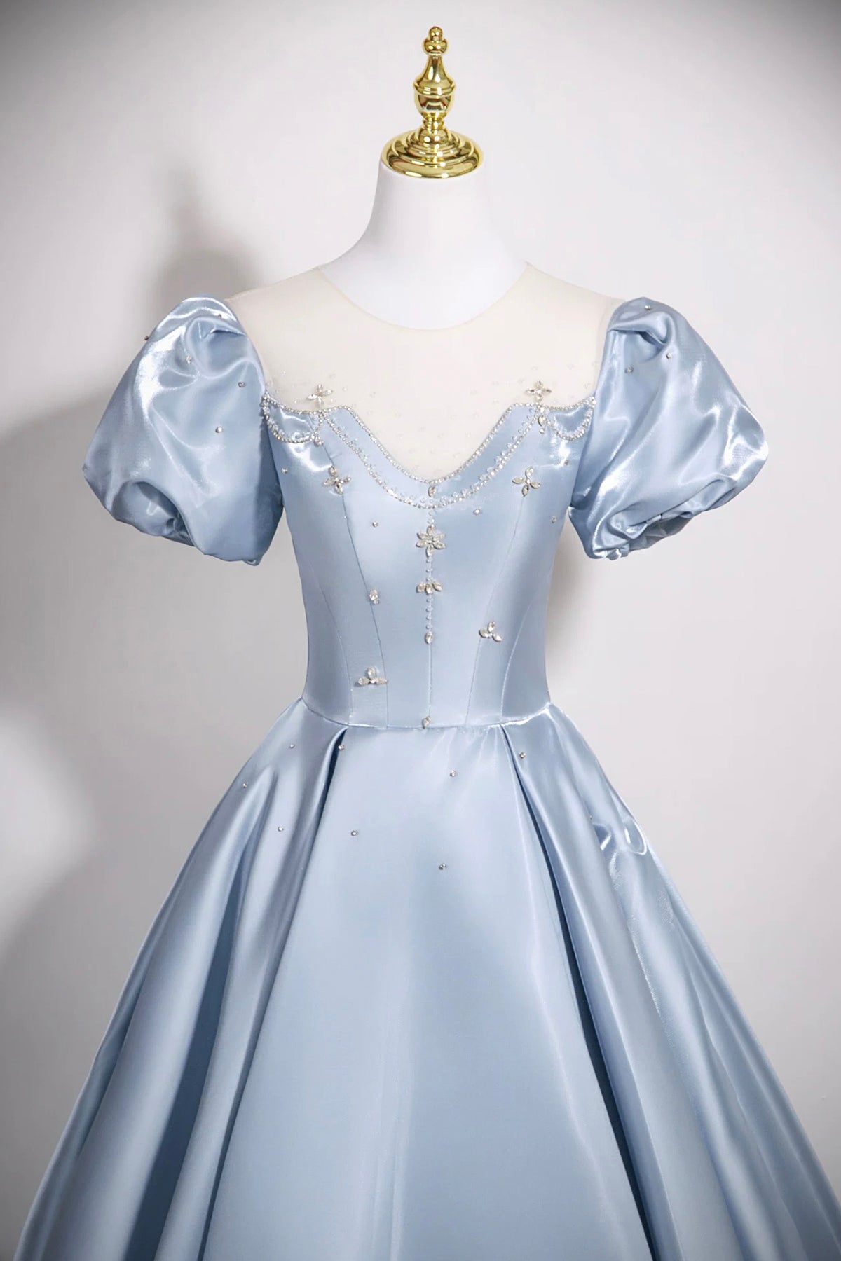 Powder Blue Satin Ball Gown with Crystal, Floor Length A-Line Princess Prom/Gala Dress