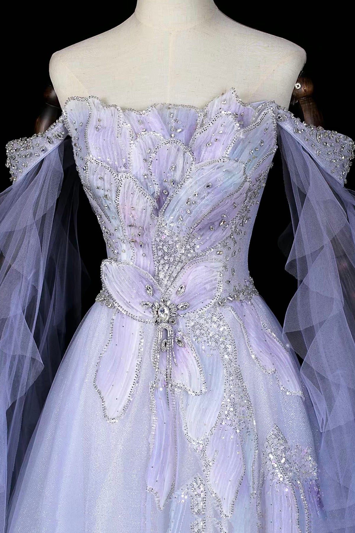 Lavender Off-the-Shoulder Prom Dress, Floral Tulle Evening Gown with Sheer Cape Sleeves