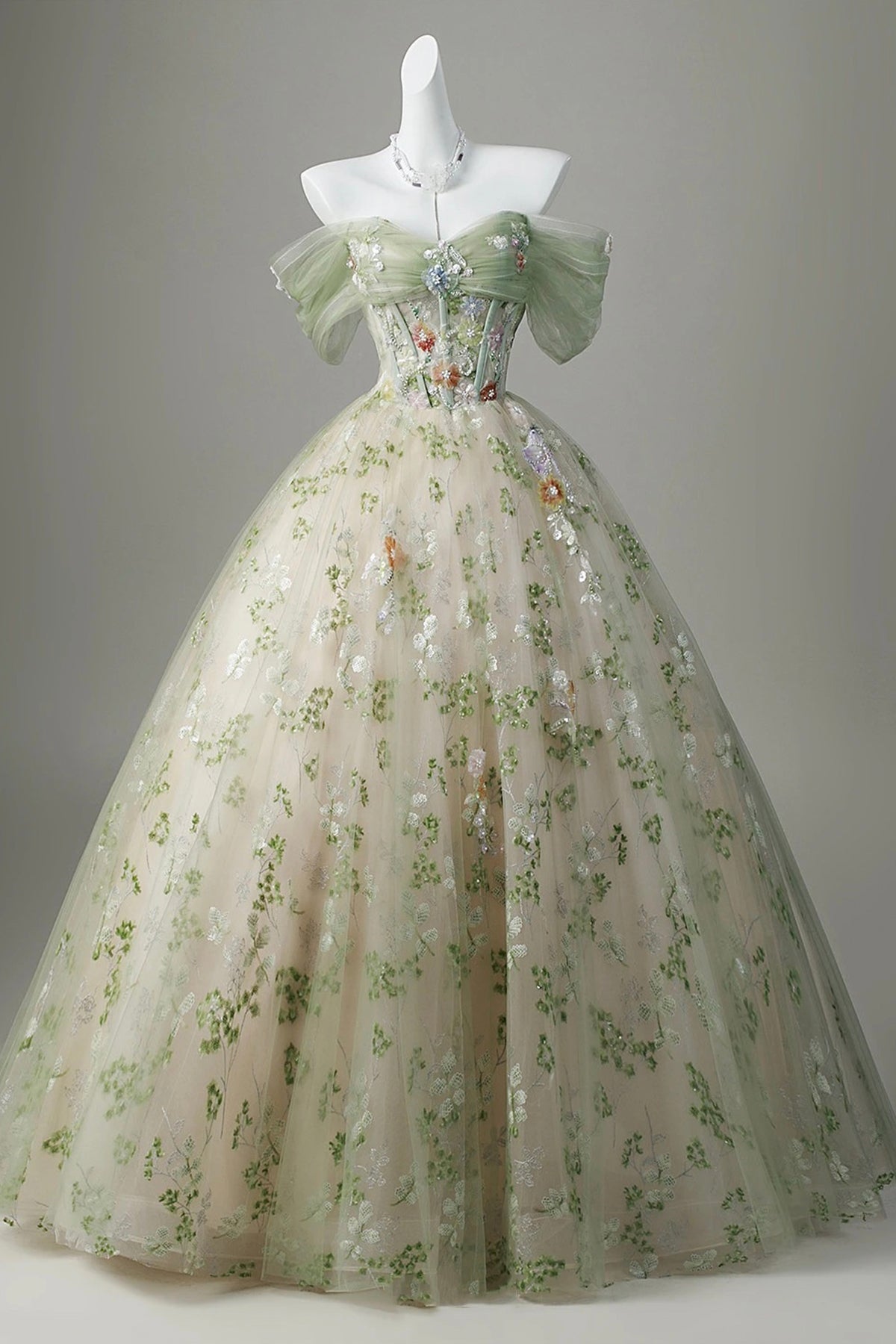 Off-the-Shoulder Sage Green Floral Ball Gown - 3D Embroidered Tulle Prom Dress with Beaded Corset
