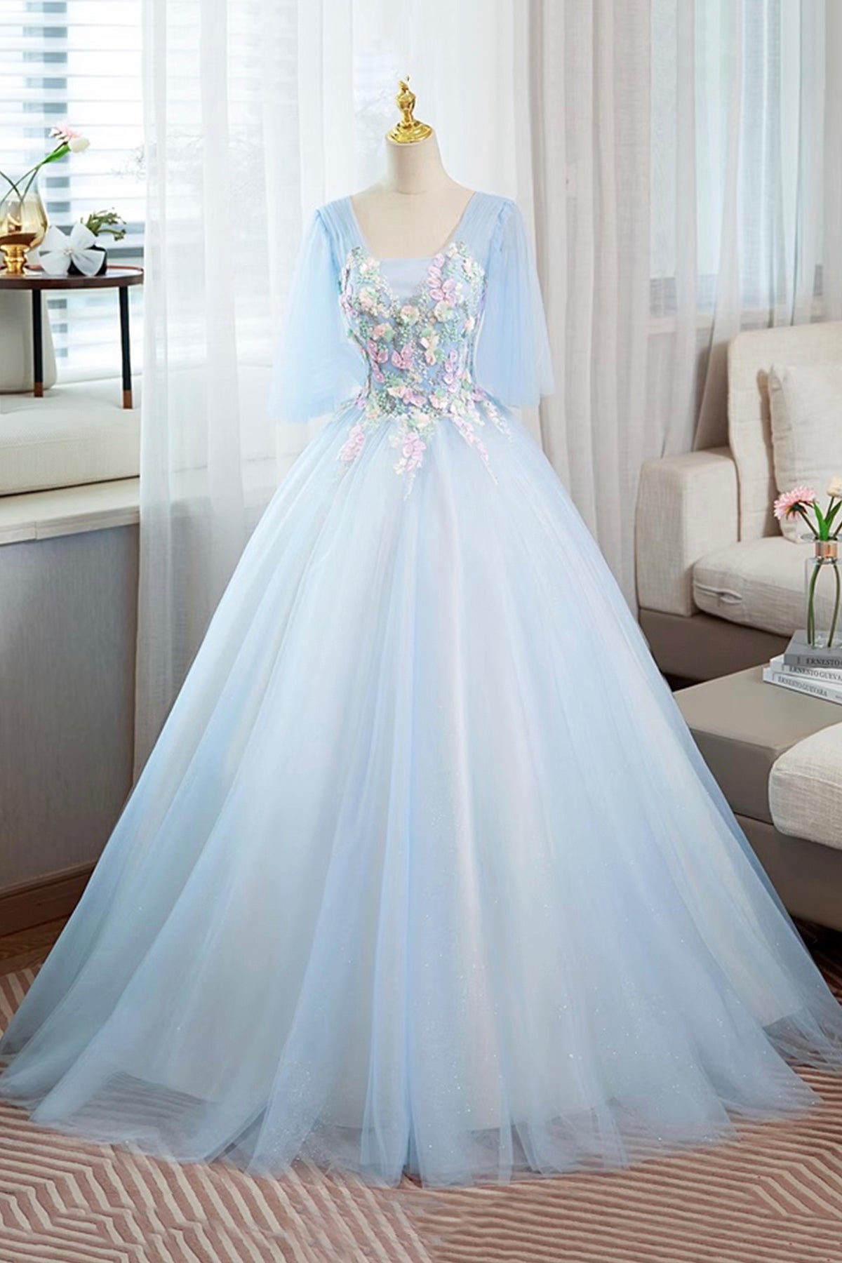 Blue Tulle Lace Long Prom Dress, Beautiful A-Line Evening Party Dress