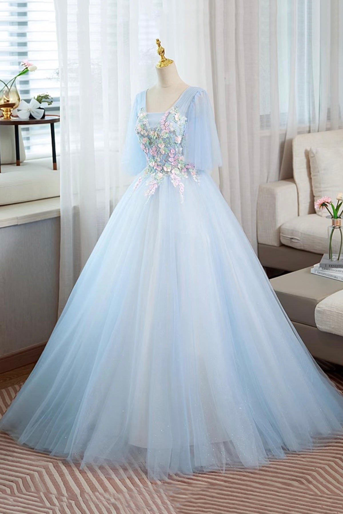 Blue Tulle Lace Long Prom Dress, Beautiful A-Line Evening Party Dress