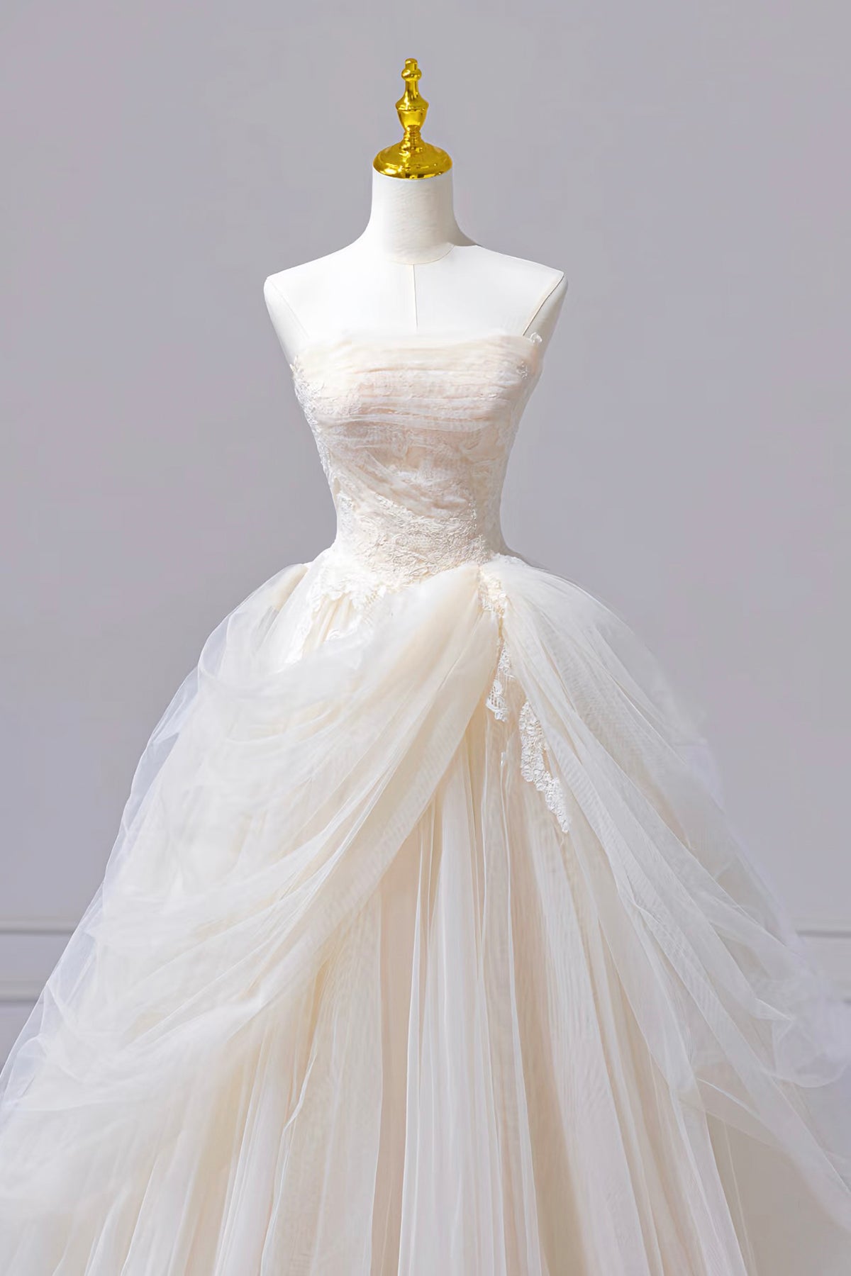 Fairy Ivory Tulle Lace Formal Dress, A-Line Strapless Lace Bodice Evening Dress