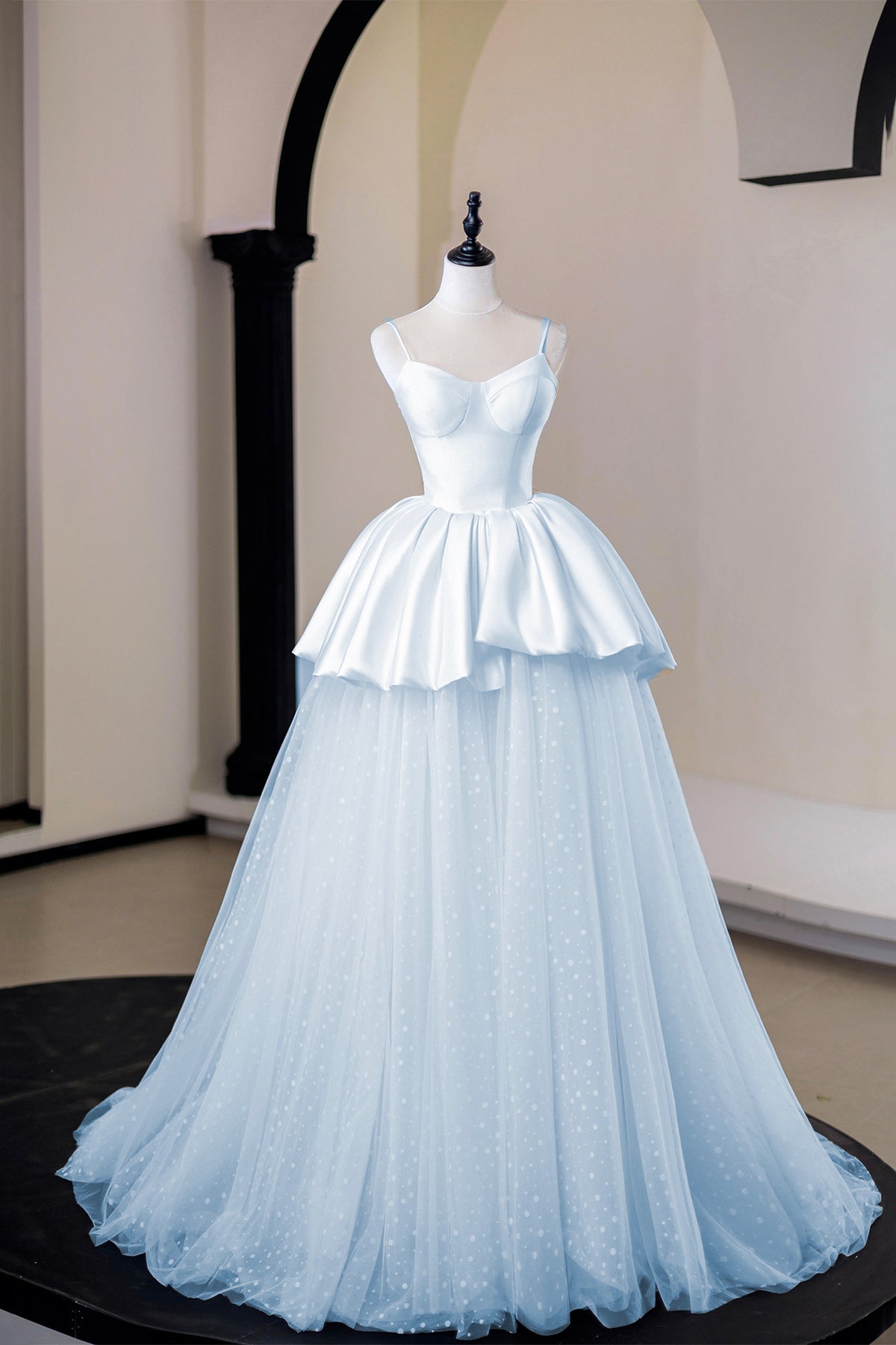 Enchanting Blue Satin and Polka Dot Tulle Floor Length Prom Party Dress