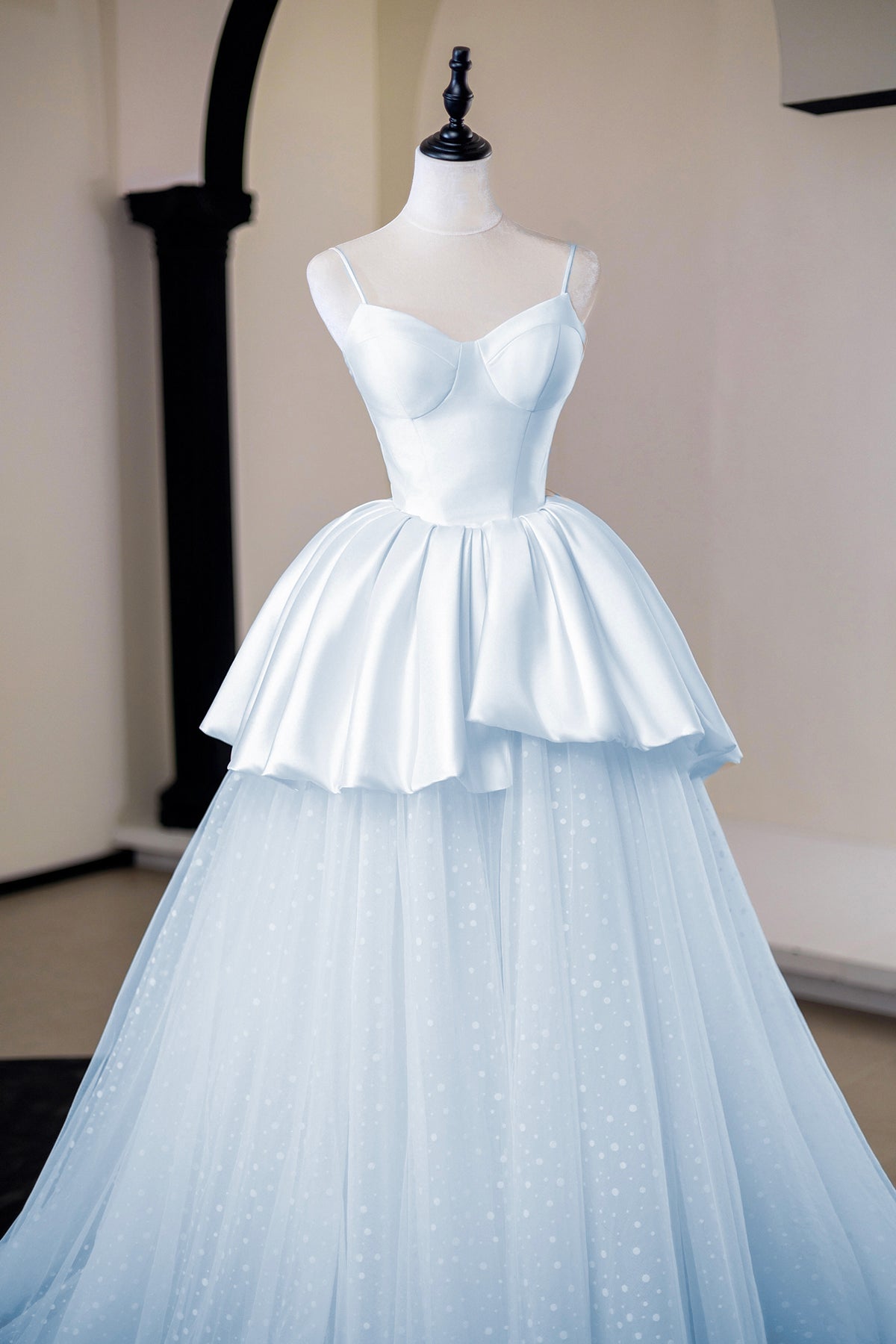 Enchanting Blue Satin and Polka Dot Tulle Floor Length Prom Party Dress