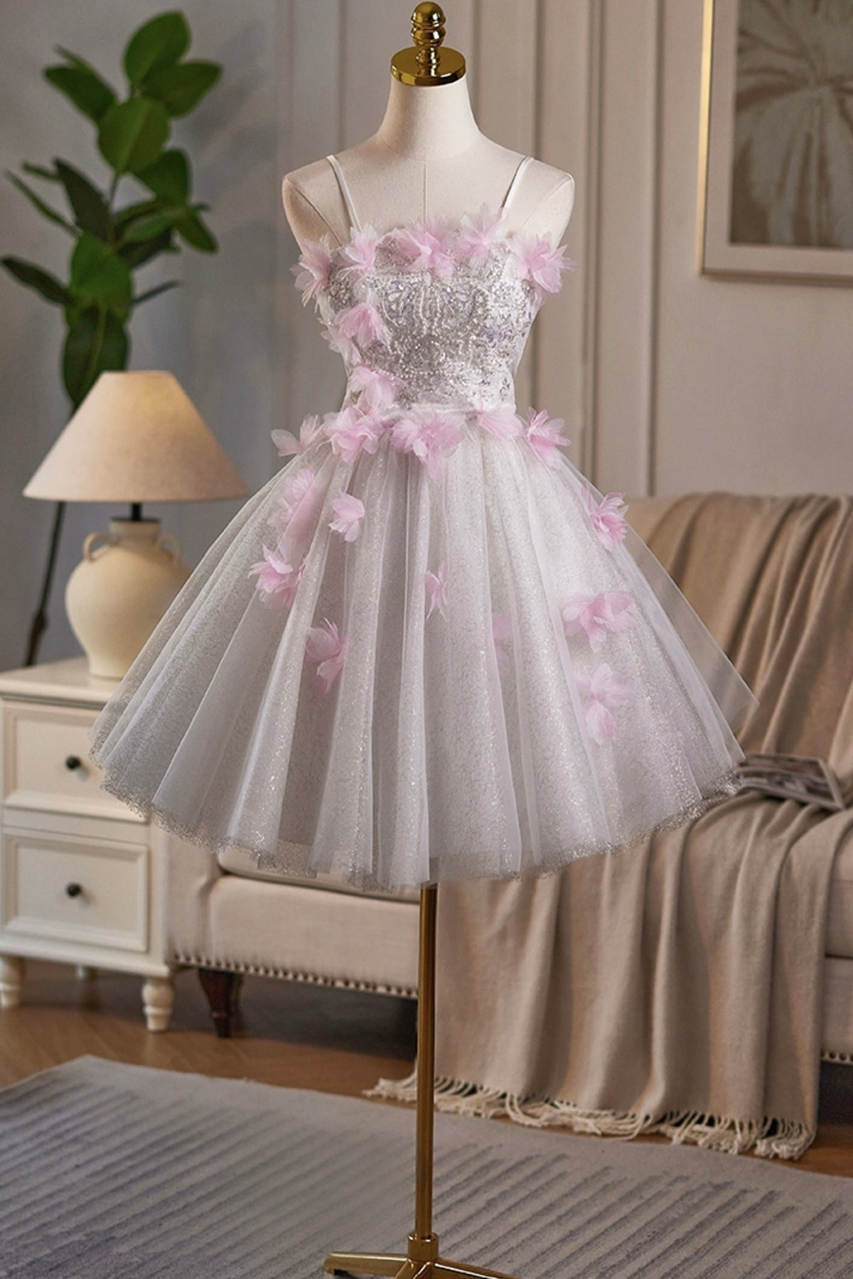 Gray Tulle Sequins Short Prom Dress, Lovely A-Line Evening Party Dress