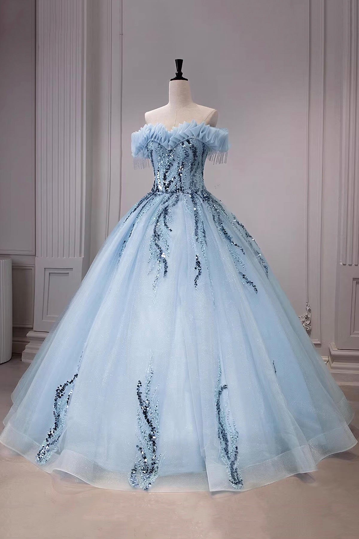 Elegant Off-the-Shoulder Ball Gown | Sequin Embellished Tulle Formal Dress