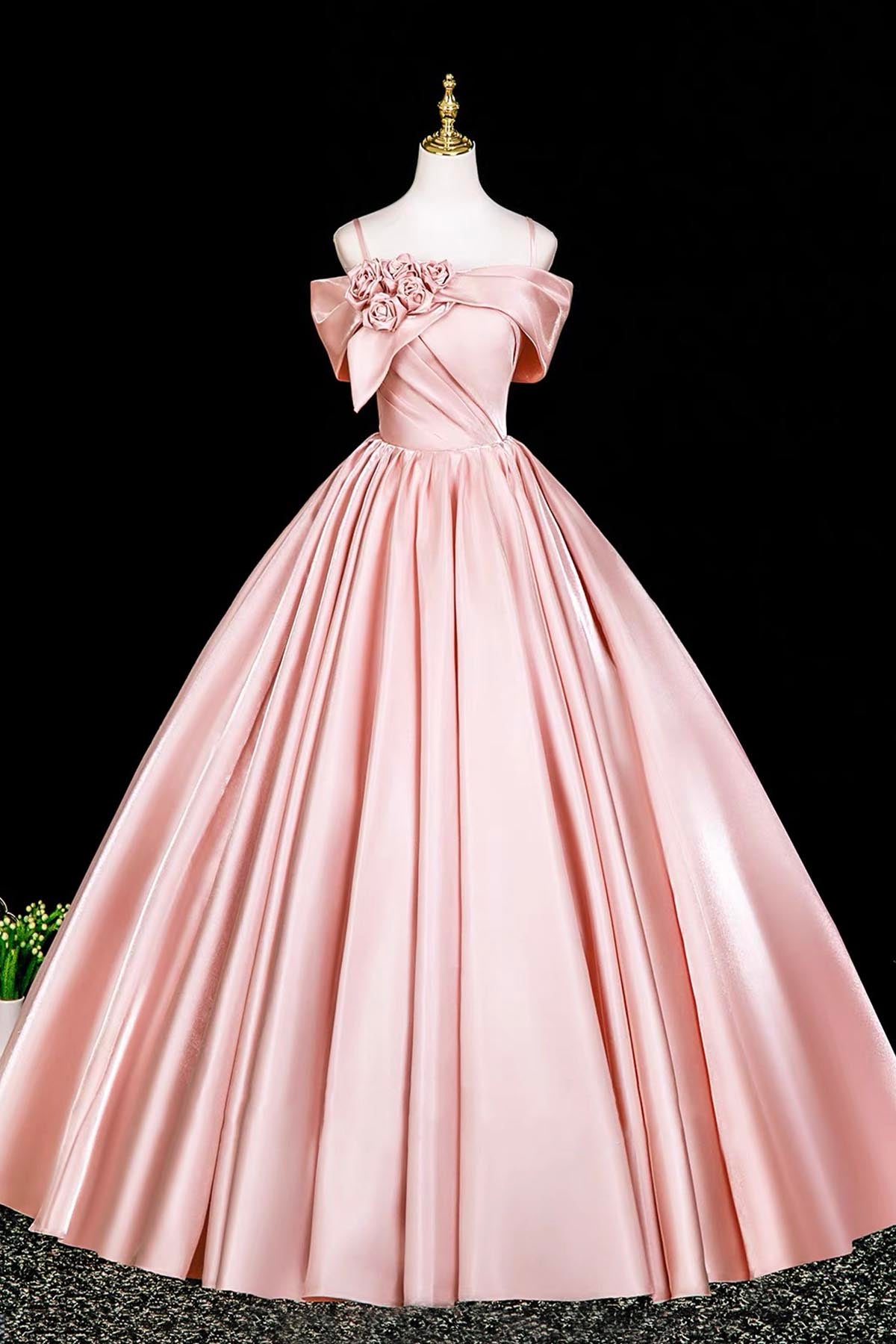 Pink Satin Long Prom Dress, Pink Off the Shoulder Formal Evening Dress
