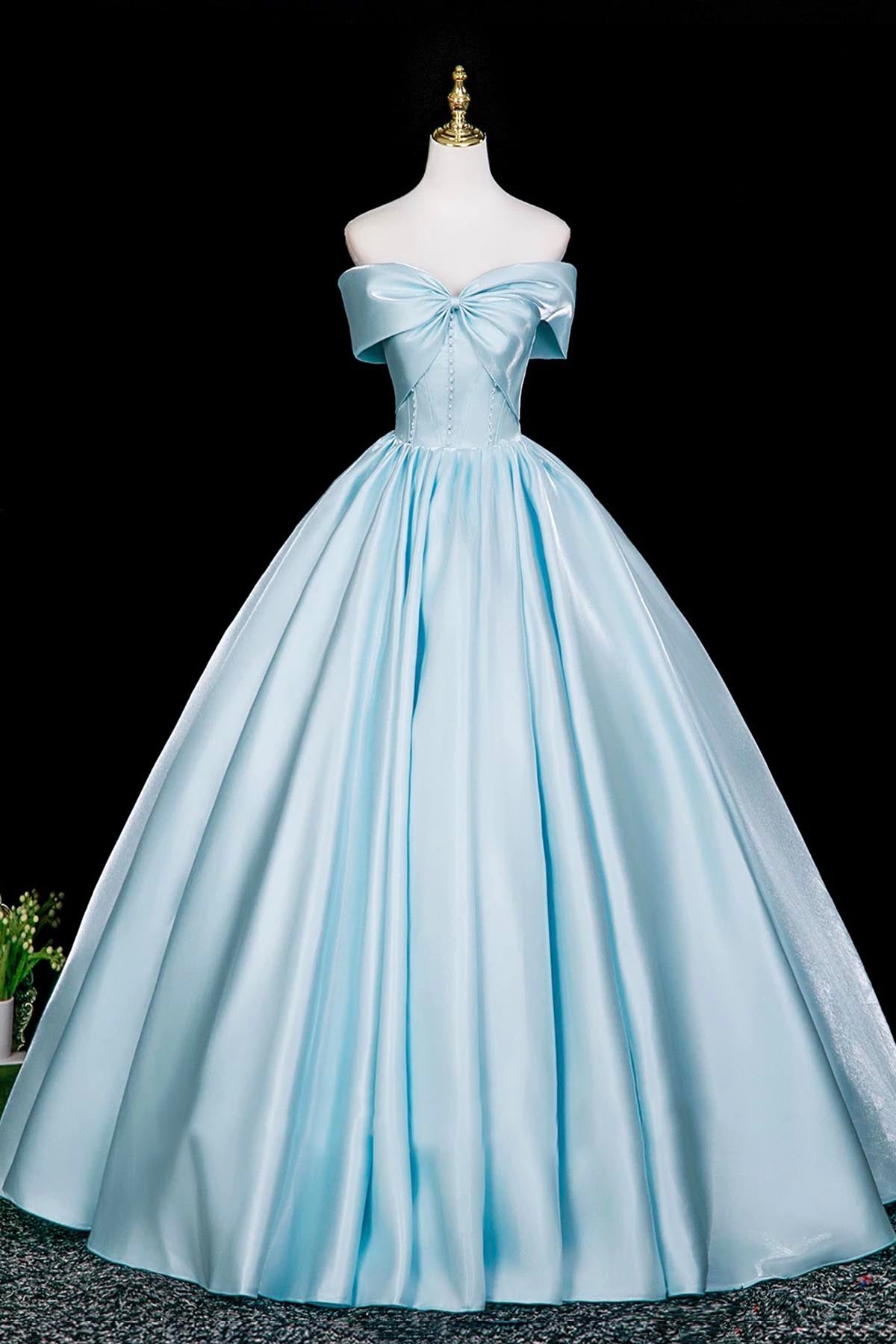 High-End Cinderella-Inspired Satin Long Ball Gown, Blue Off the Shoulder Formal Dress