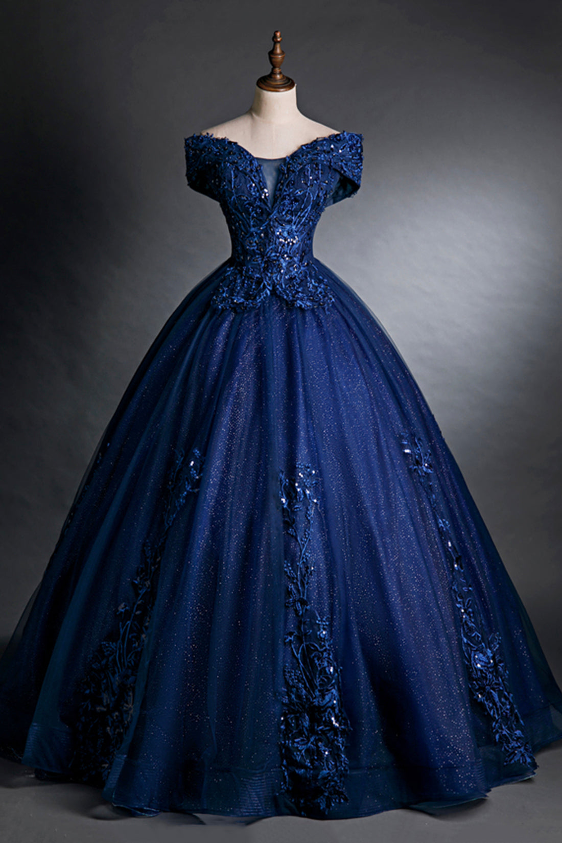 Blue Tulle Lace Long A-Line Ball Gown, Off the Shoulder Evening Party Blue Tulle Lace Long A-Line Ball Gown, Off the Shoulder Evening Party