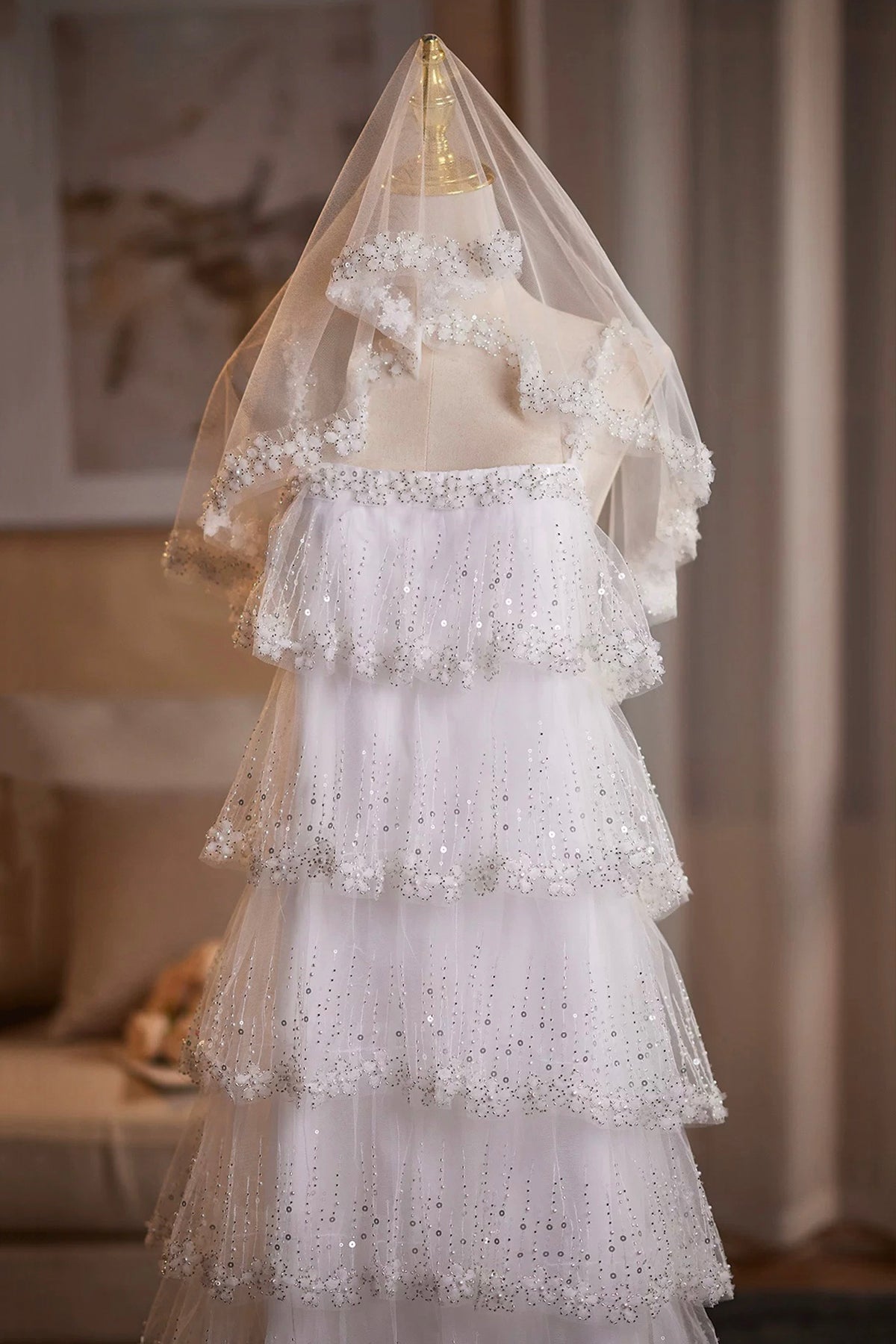 White Tiered Sequin Tulle Formal Evening Gown with Sheer Hooded Cape
