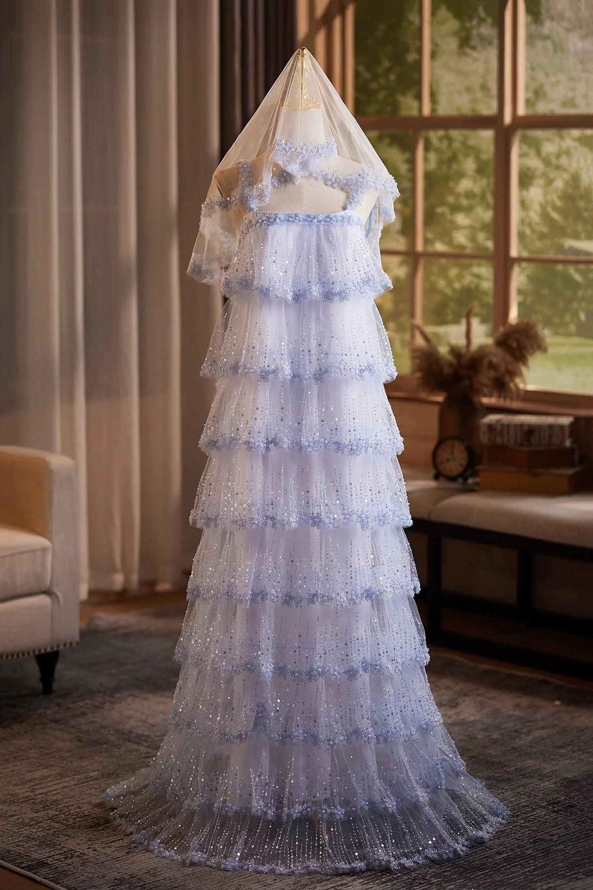 Lavender Tiered Sequin Tulle Formal Evening Gown with Sheer Hooded Cape