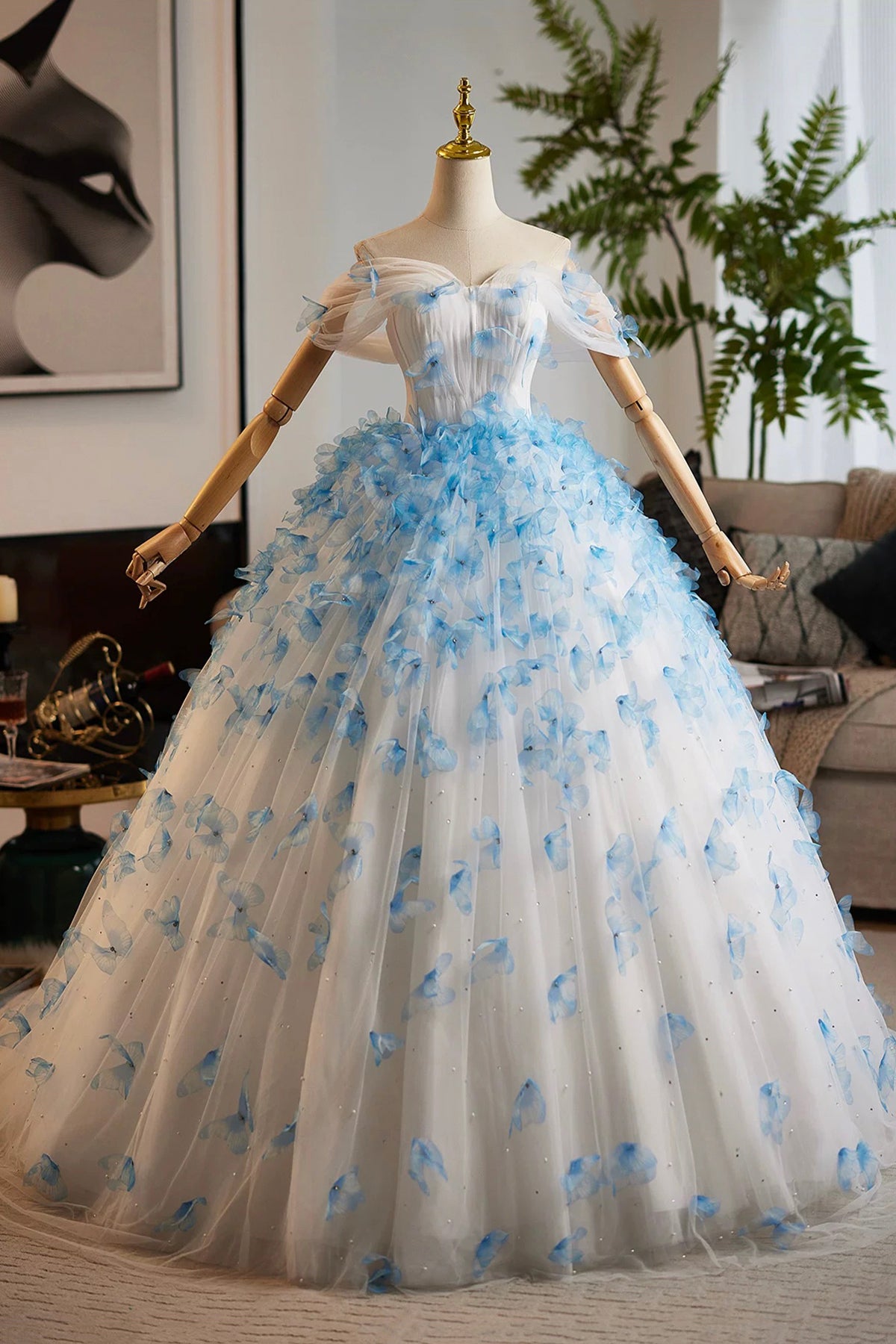 Blue & White 3D Floral Petal Ball Gown Prom Dress