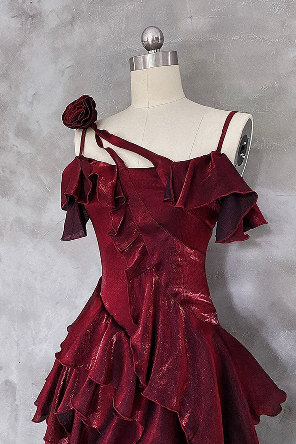 Irregular Ruffled Evening Party Dresses with Floral Detail