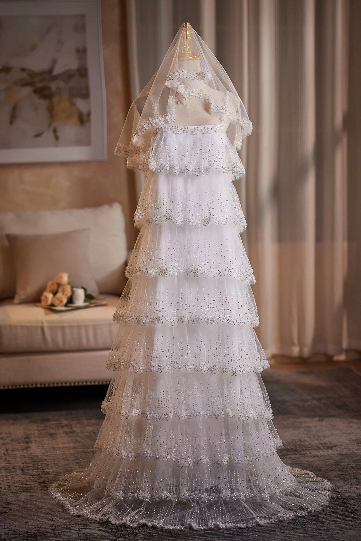 White Tiered Sequin Tulle Formal Evening Gown with Sheer Hooded Cape